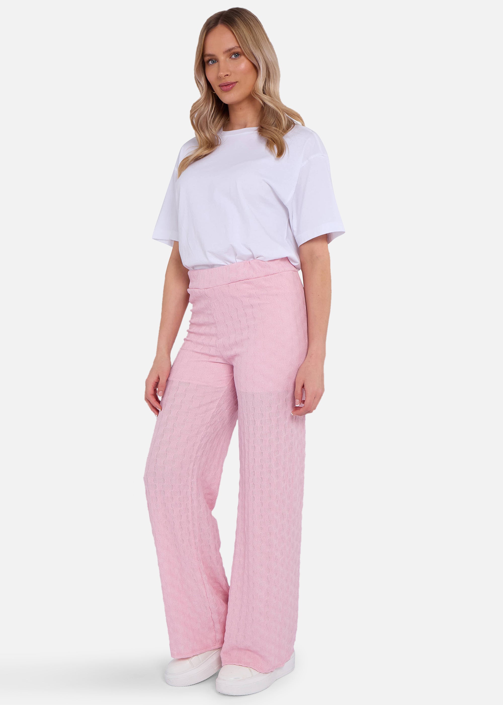 Pink Textured Elasticated Waist Flared Trousers