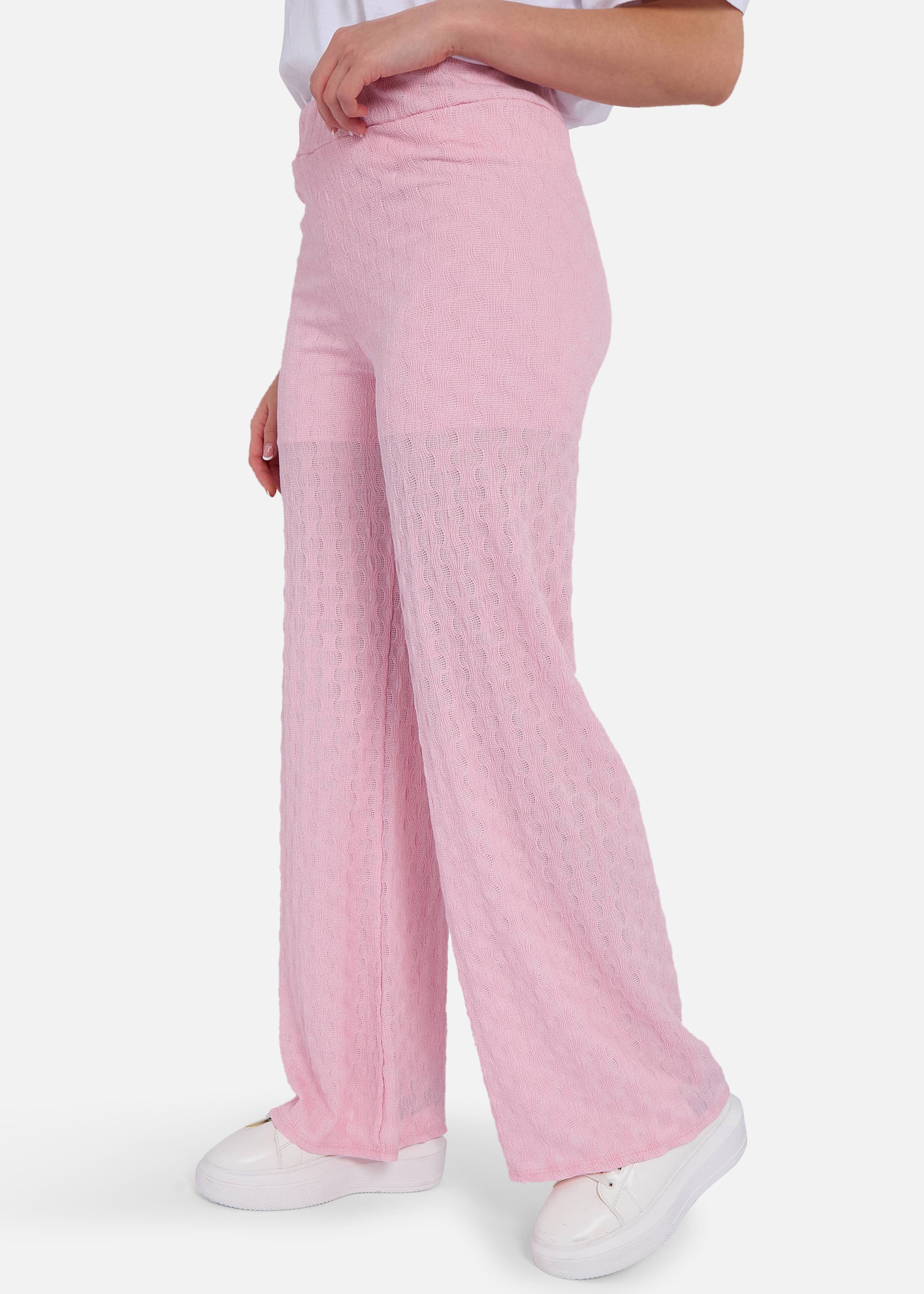 Pink Textured Elasticated Waist Flared Trousers