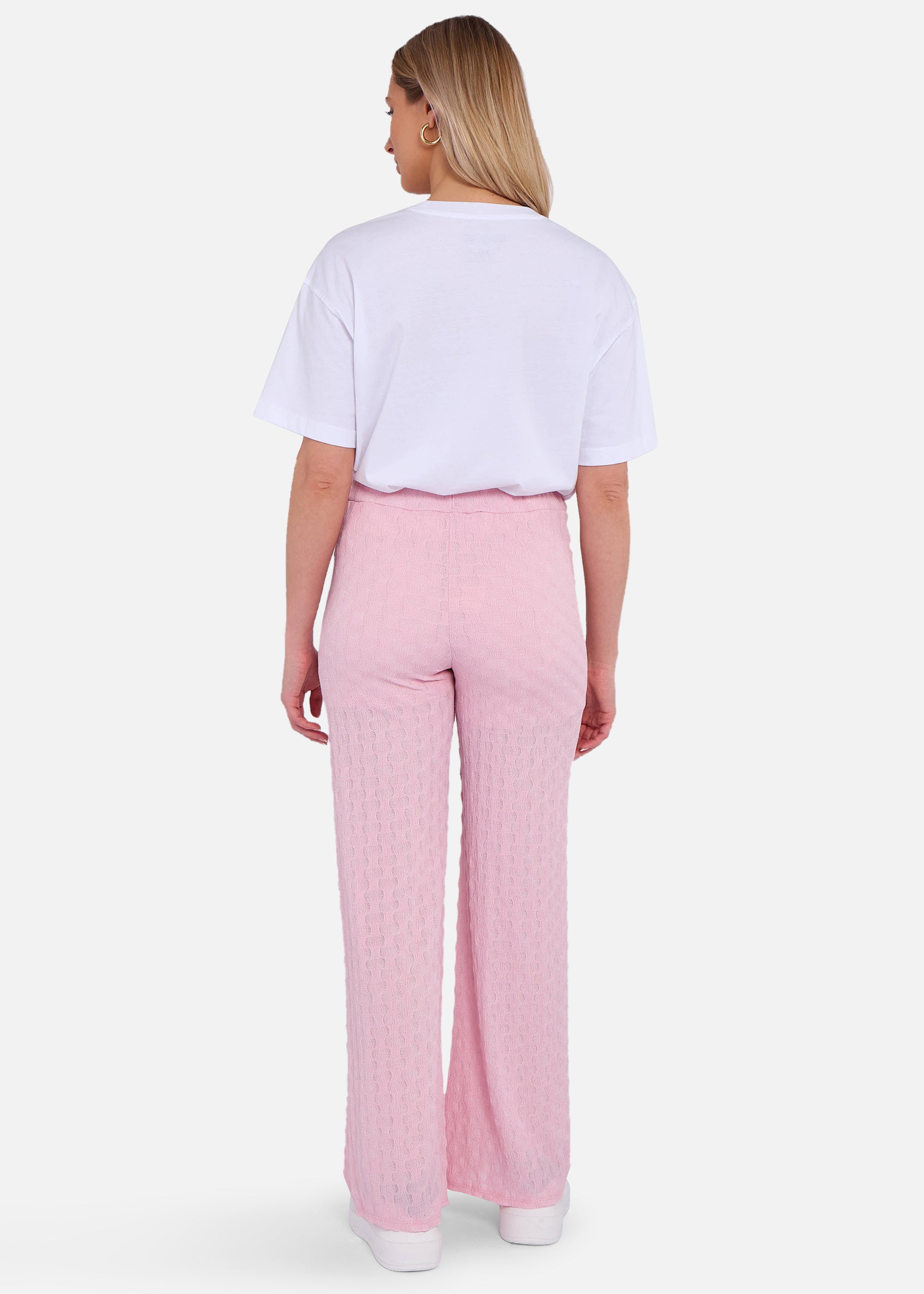 Pink Textured Elasticated Waist Flared Trousers