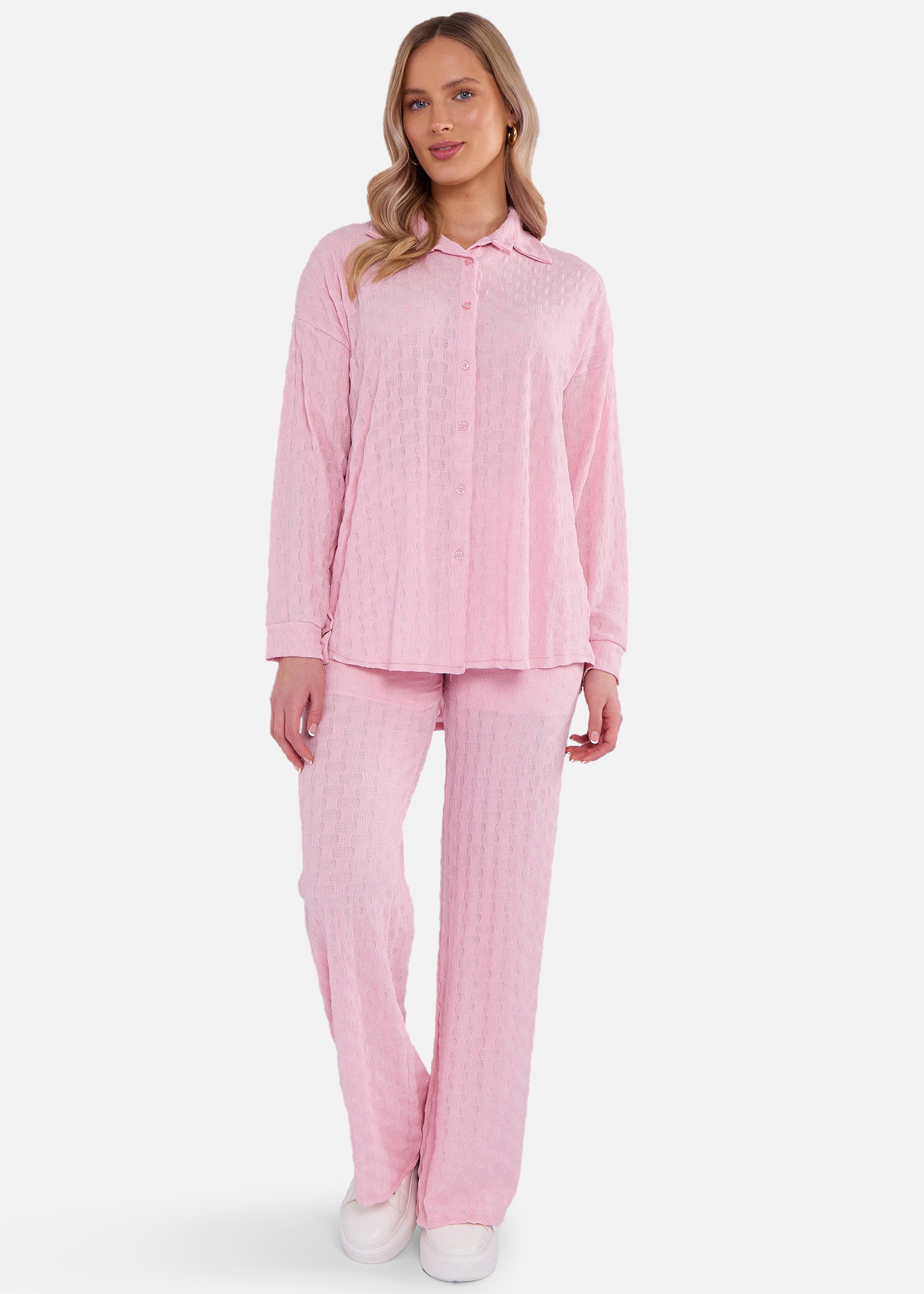 Pink Textured Oversized Long Sleeves Shirt