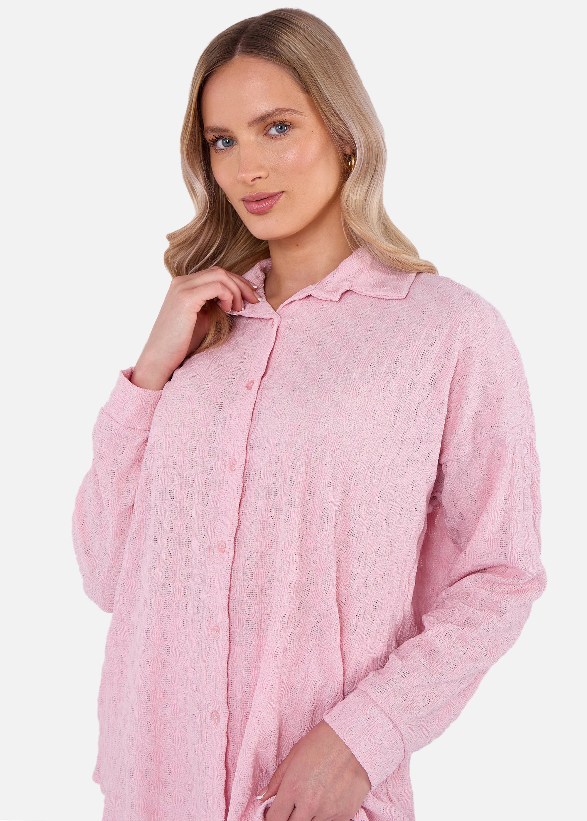 Pink Textured Oversized Long Sleeves Shirt