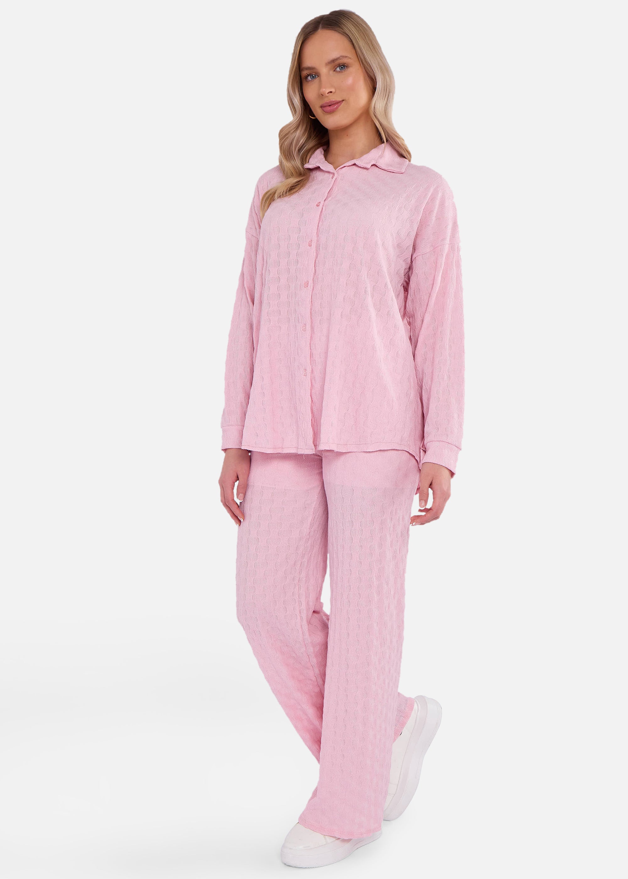 Pink Textured Oversized Long Sleeves Shirt