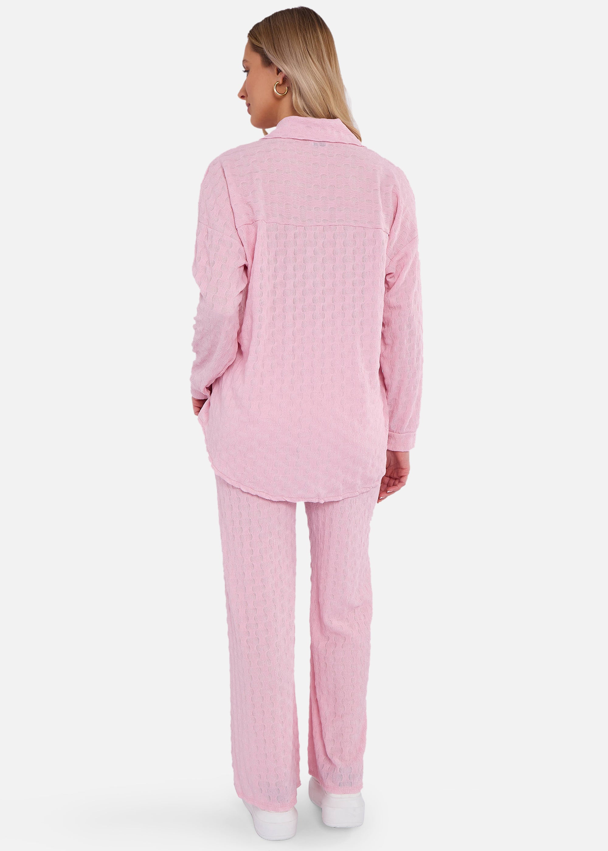 Pink Textured Oversized Long Sleeves Shirt