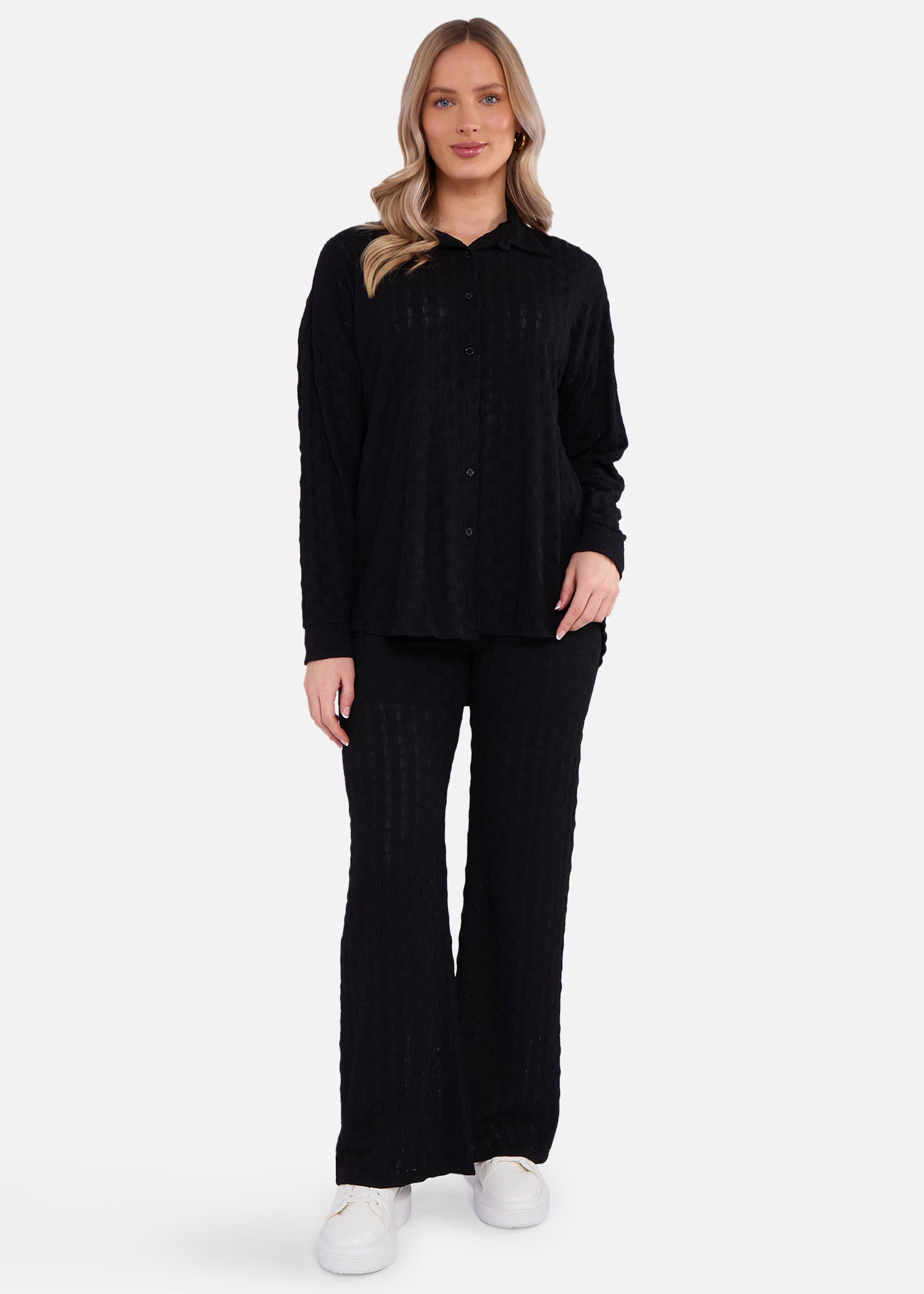 Black Textured Oversized Long Sleeves Shirt