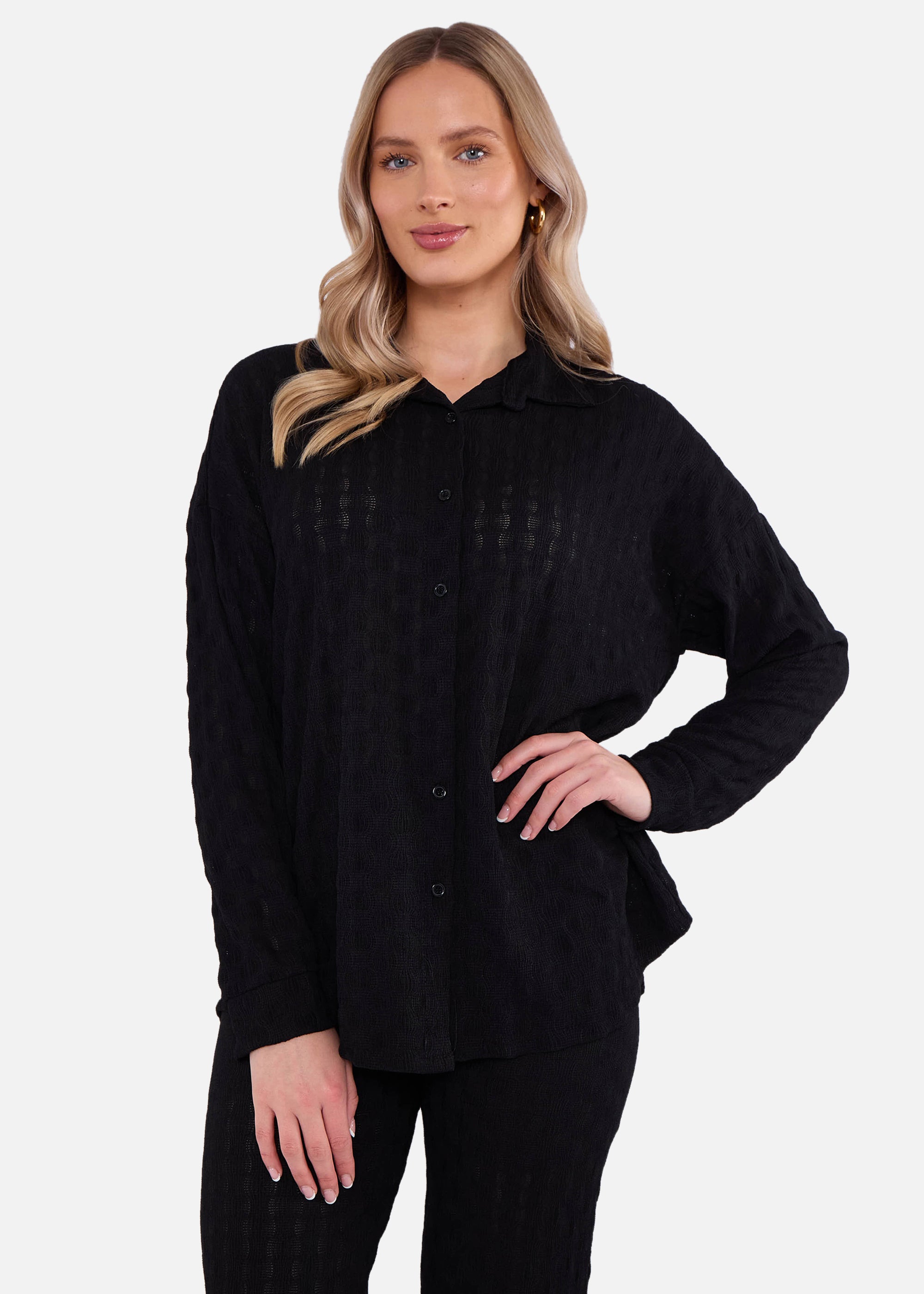 Black Textured Oversized Long Sleeves Shirt
