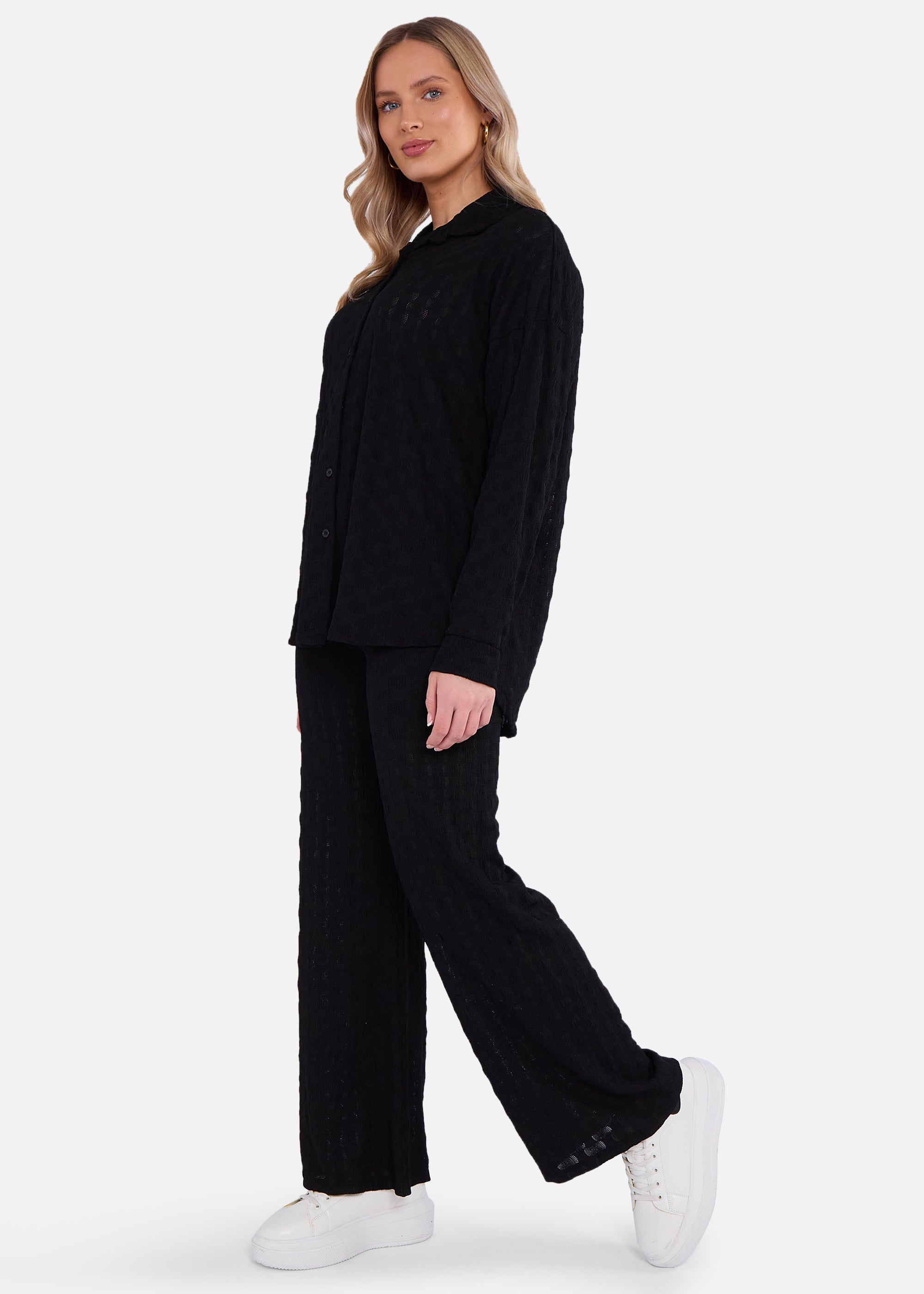 Black Textured Oversized Long Sleeves Shirt