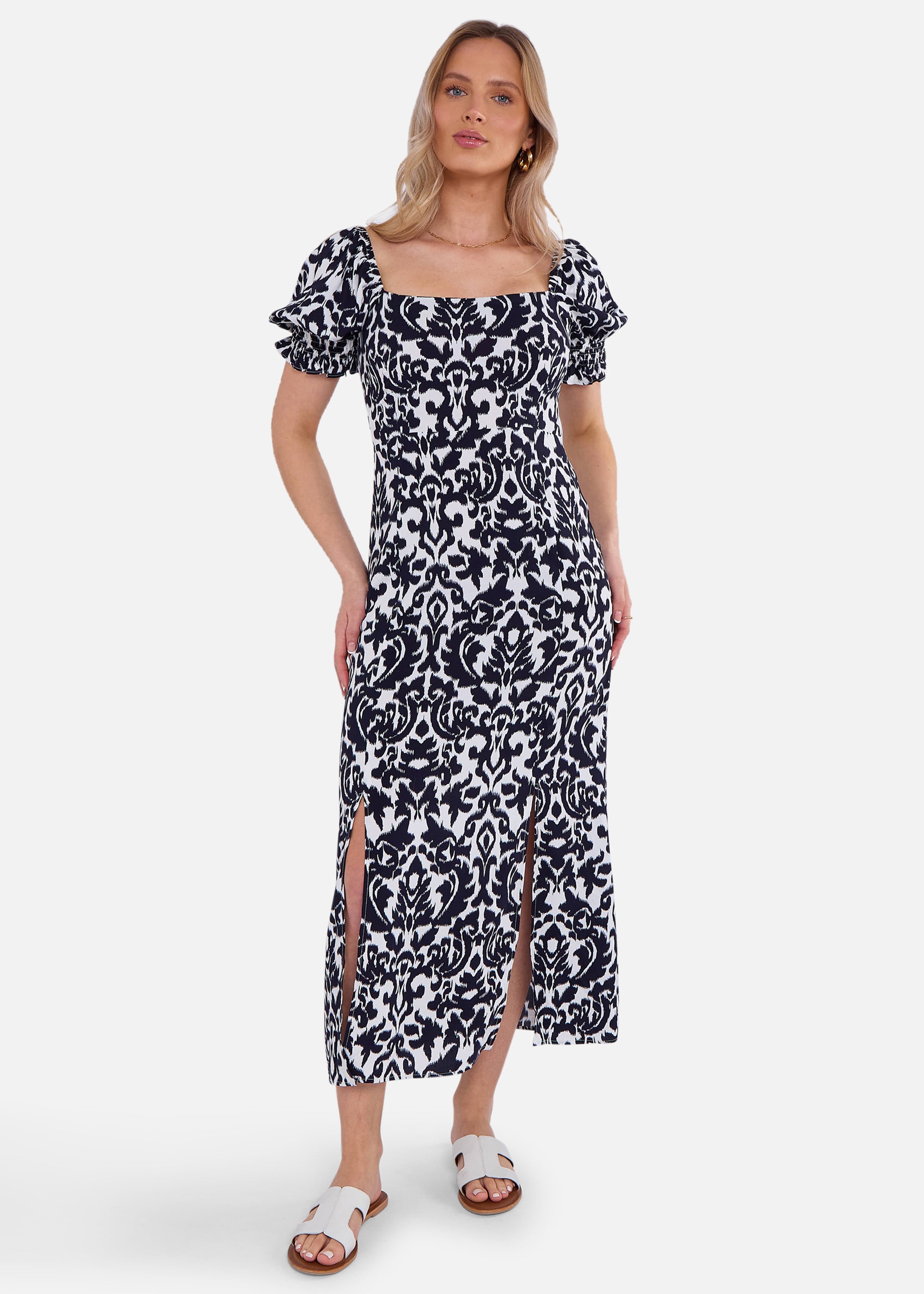 Navy Puff Sleeves Split Viscose Midi Dress