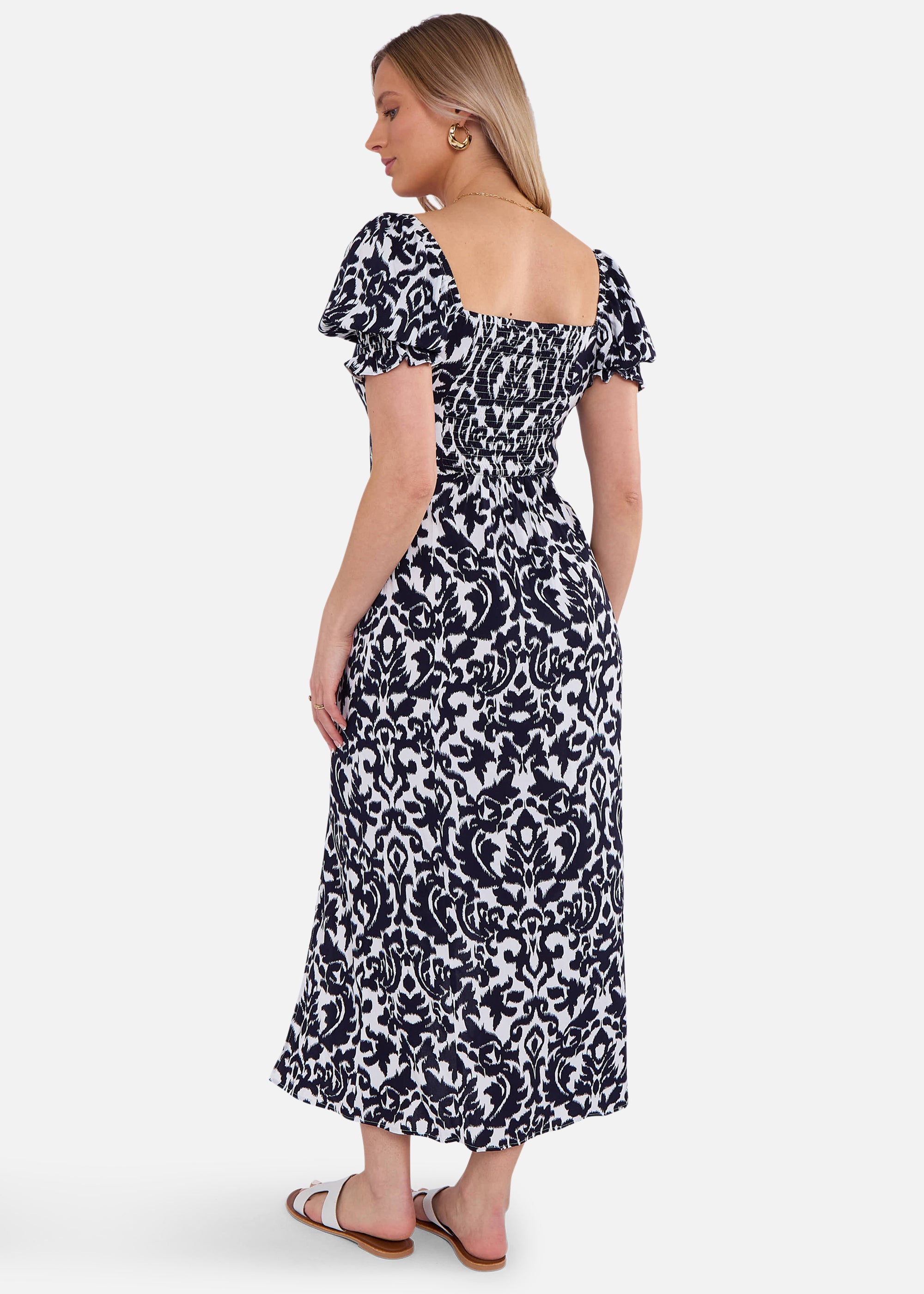 Navy Puff Sleeves Split Viscose Midi Dress