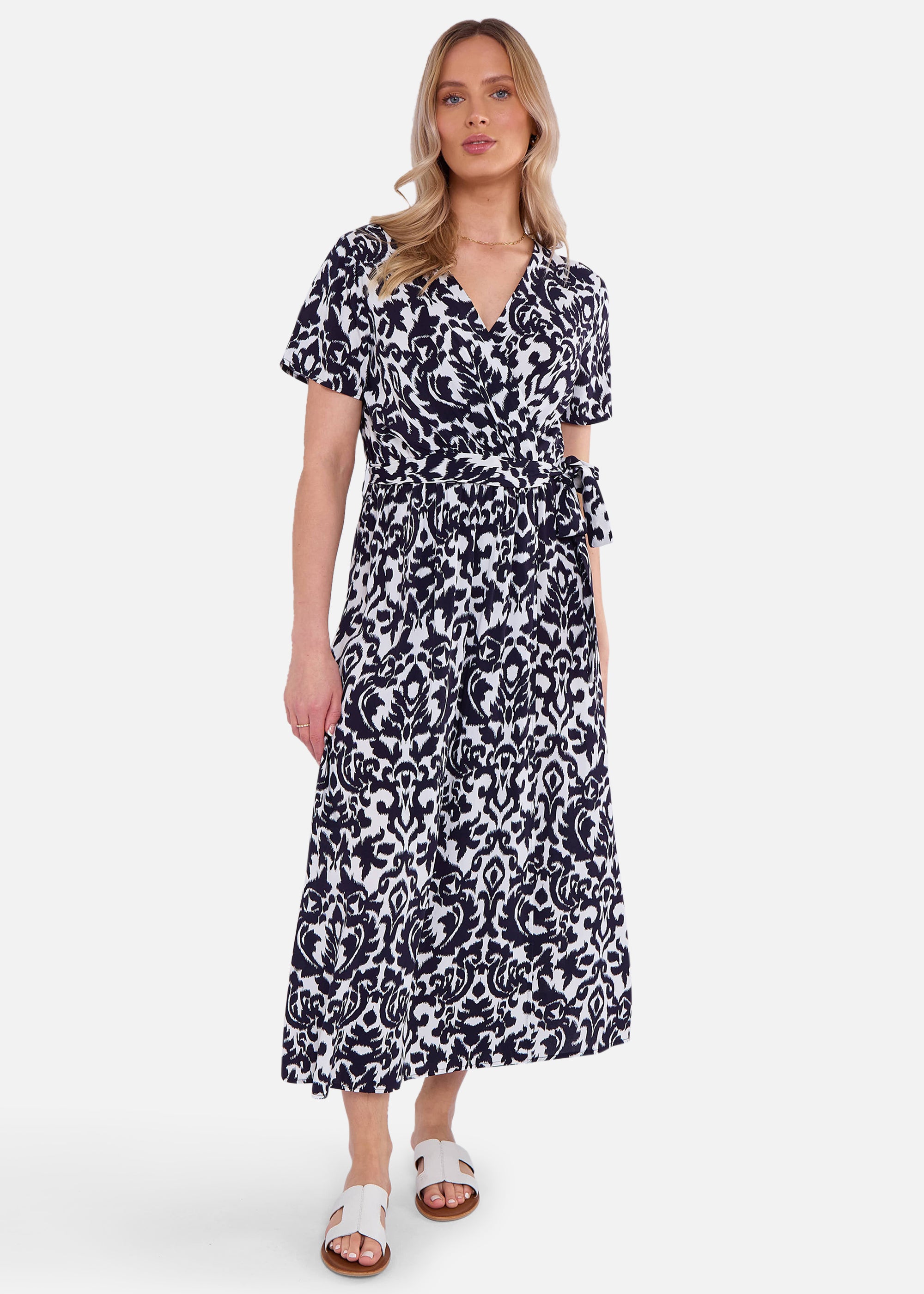 Navy Short Sleeves Viscose Wrap Midi Dress