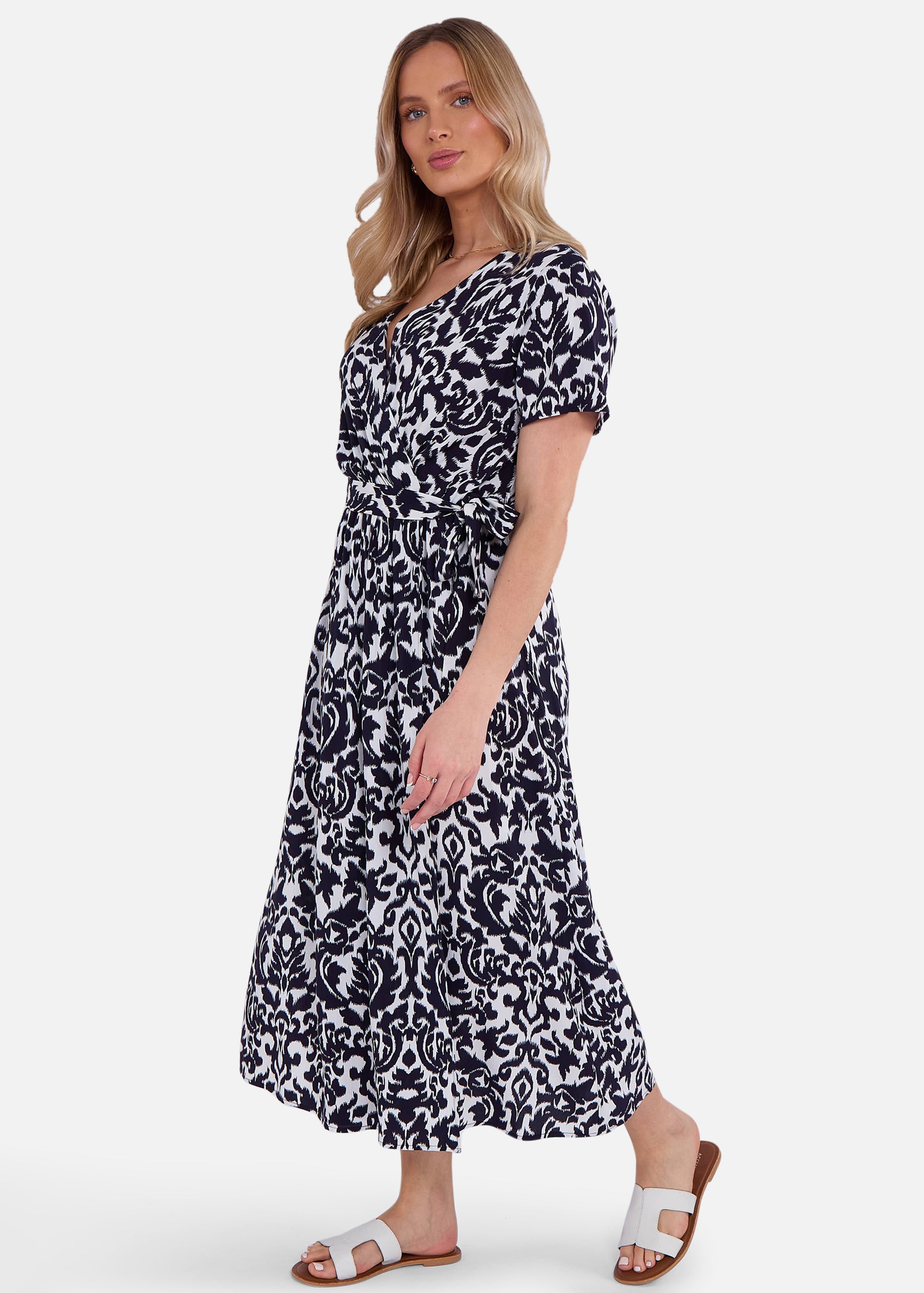 Navy Short Sleeves Viscose Wrap Midi Dress