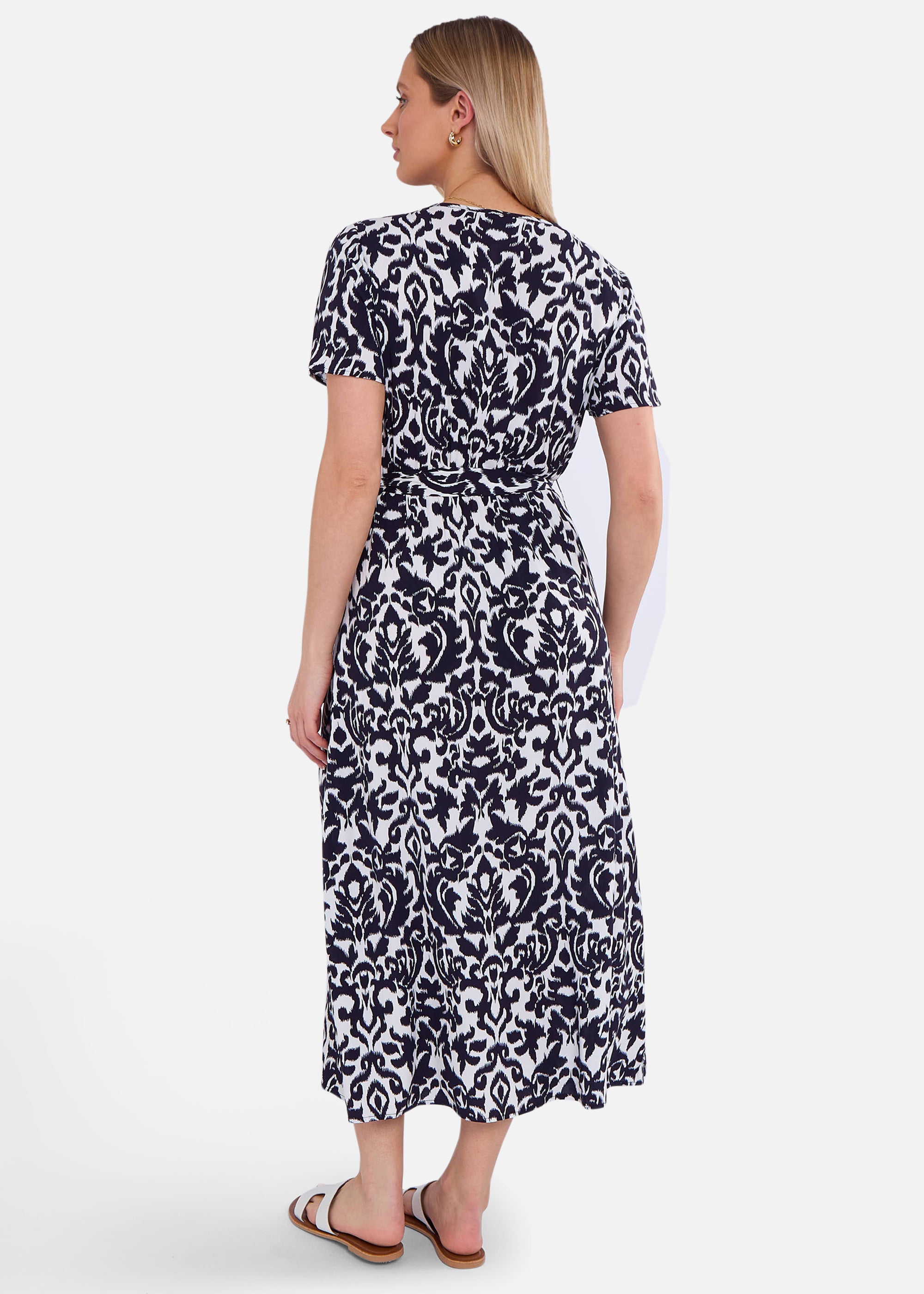 Navy Short Sleeves Viscose Wrap Midi Dress