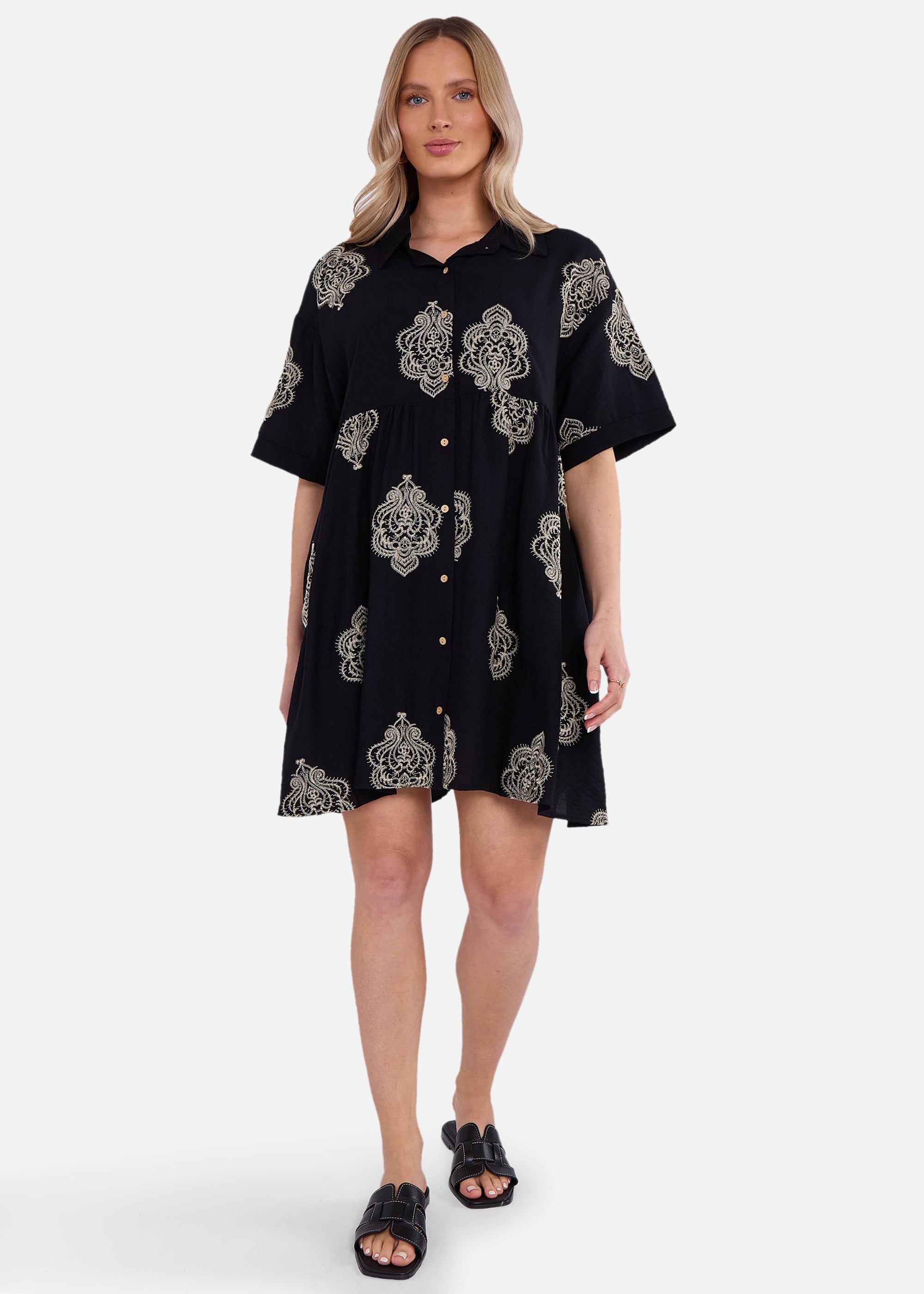 Black Embroidery Smock Oversized Mini Shirt Dress