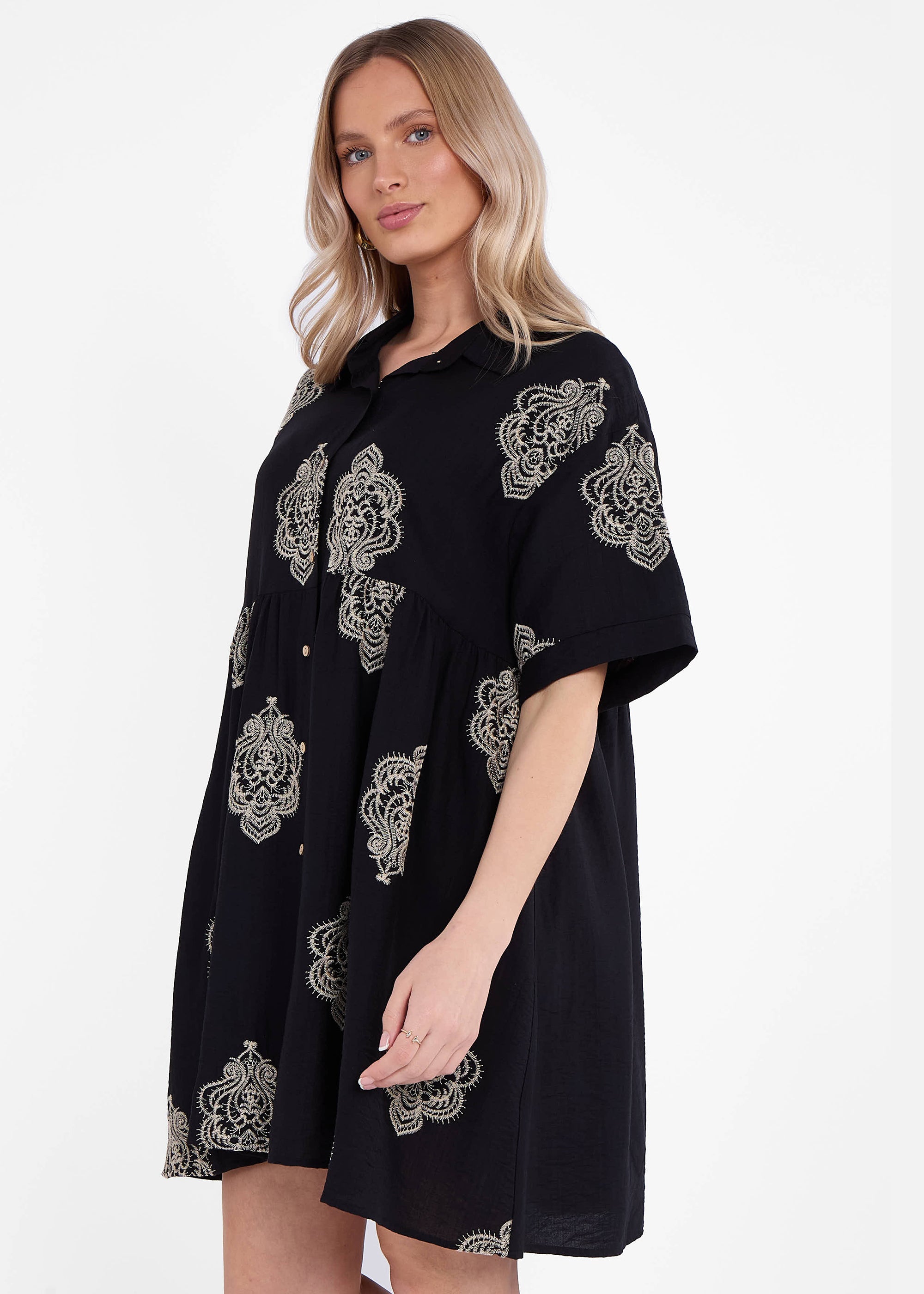 Black Embroidery Smock Oversized Mini Shirt Dress