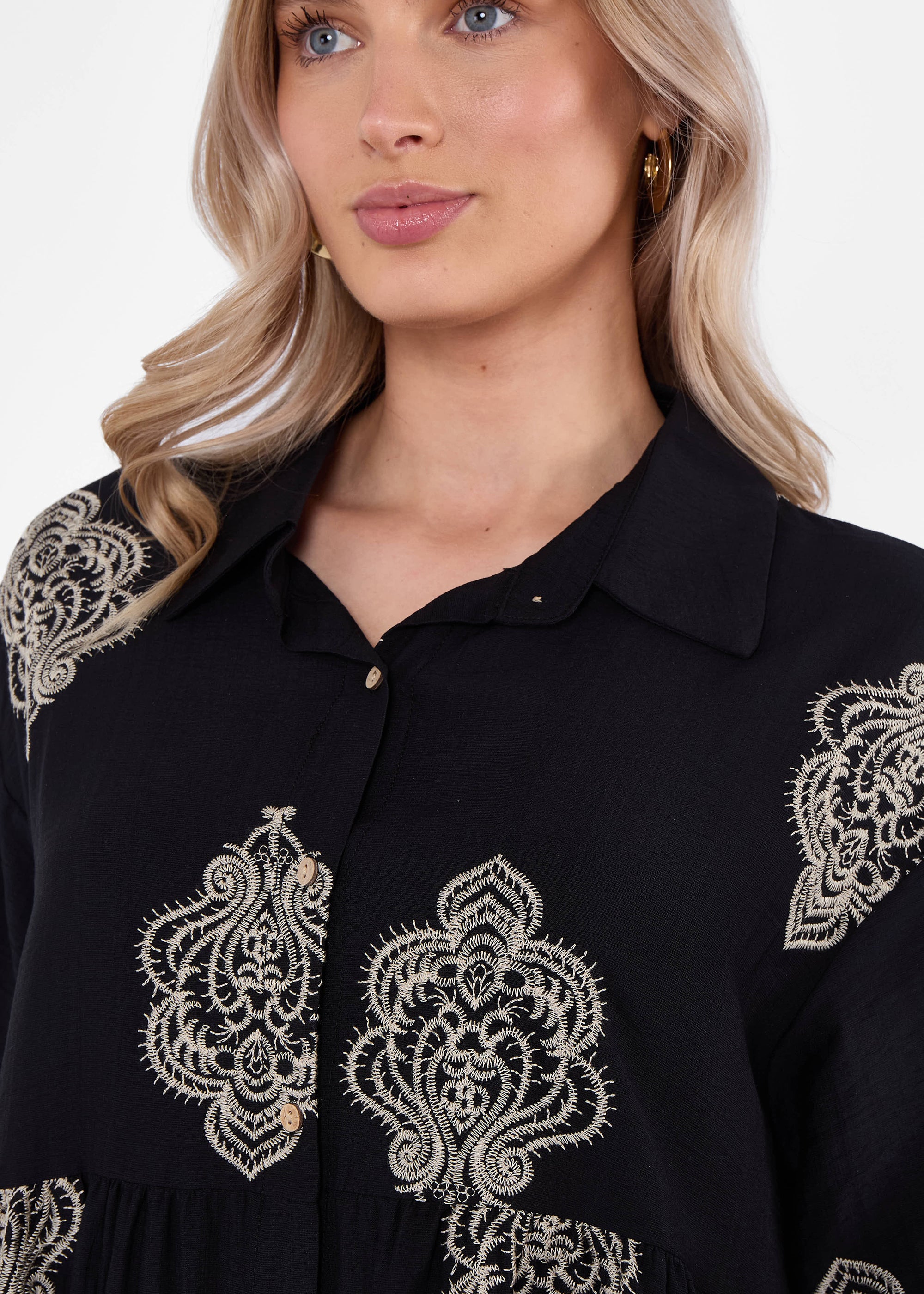 Black Embroidery Smock Oversized Mini Shirt Dress