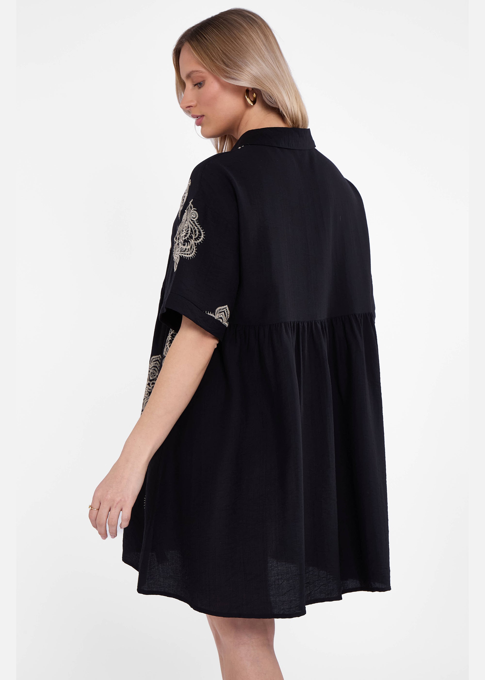 Black Embroidery Smock Oversized Mini Shirt Dress