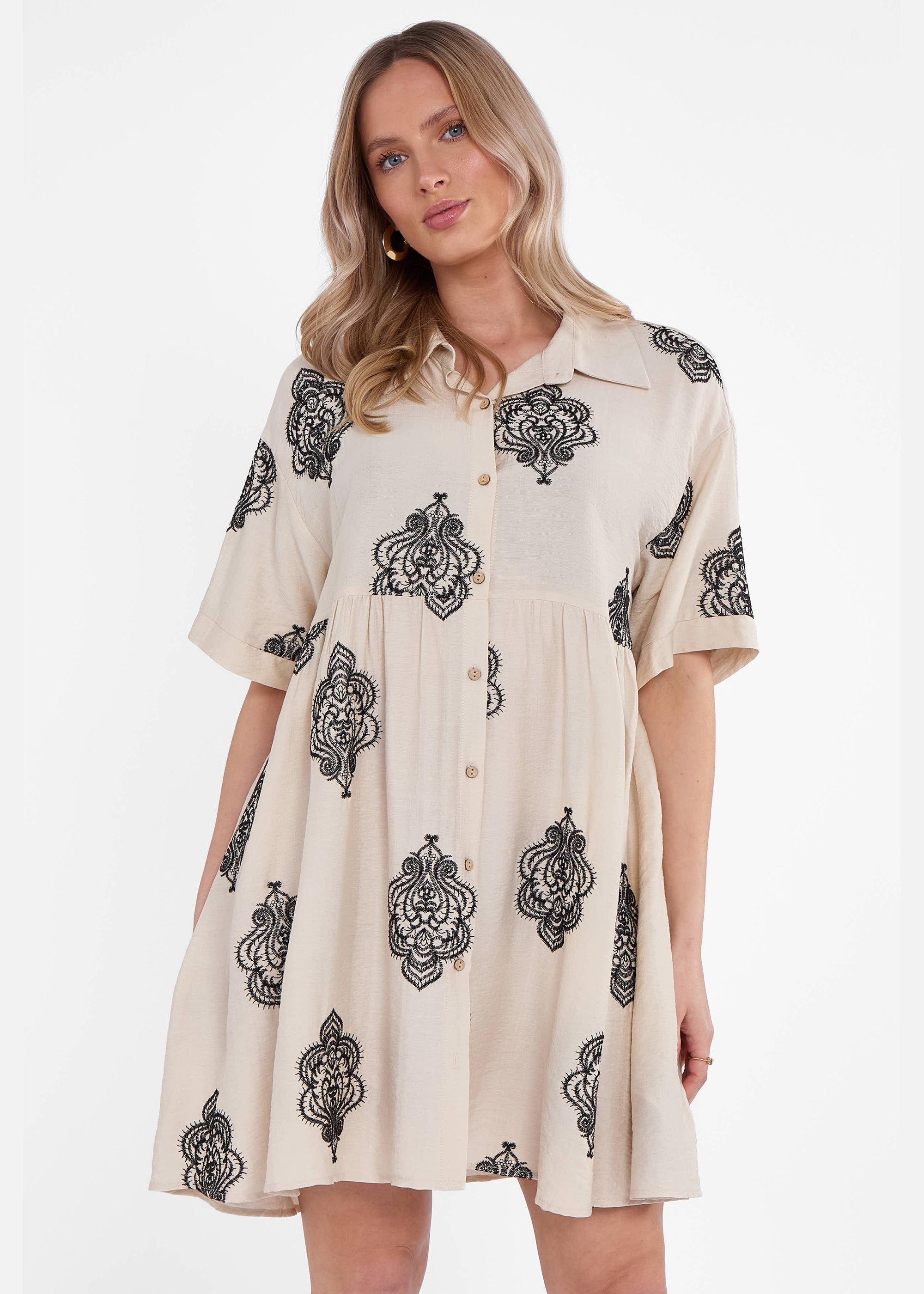 Beige Embroidery Smock Oversized Mini Shirt Dress