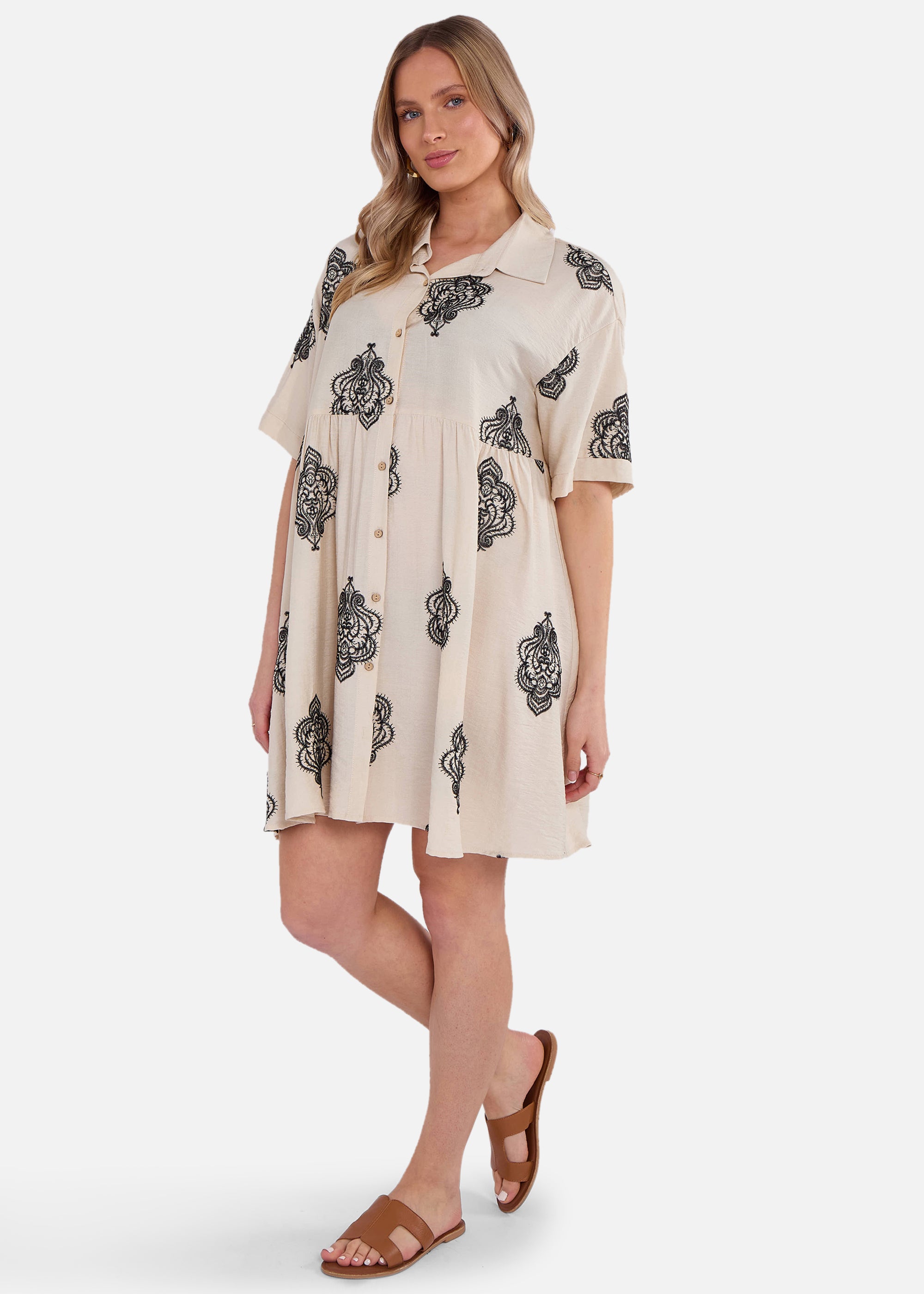 Beige Embroidery Smock Oversized Mini Shirt Dress