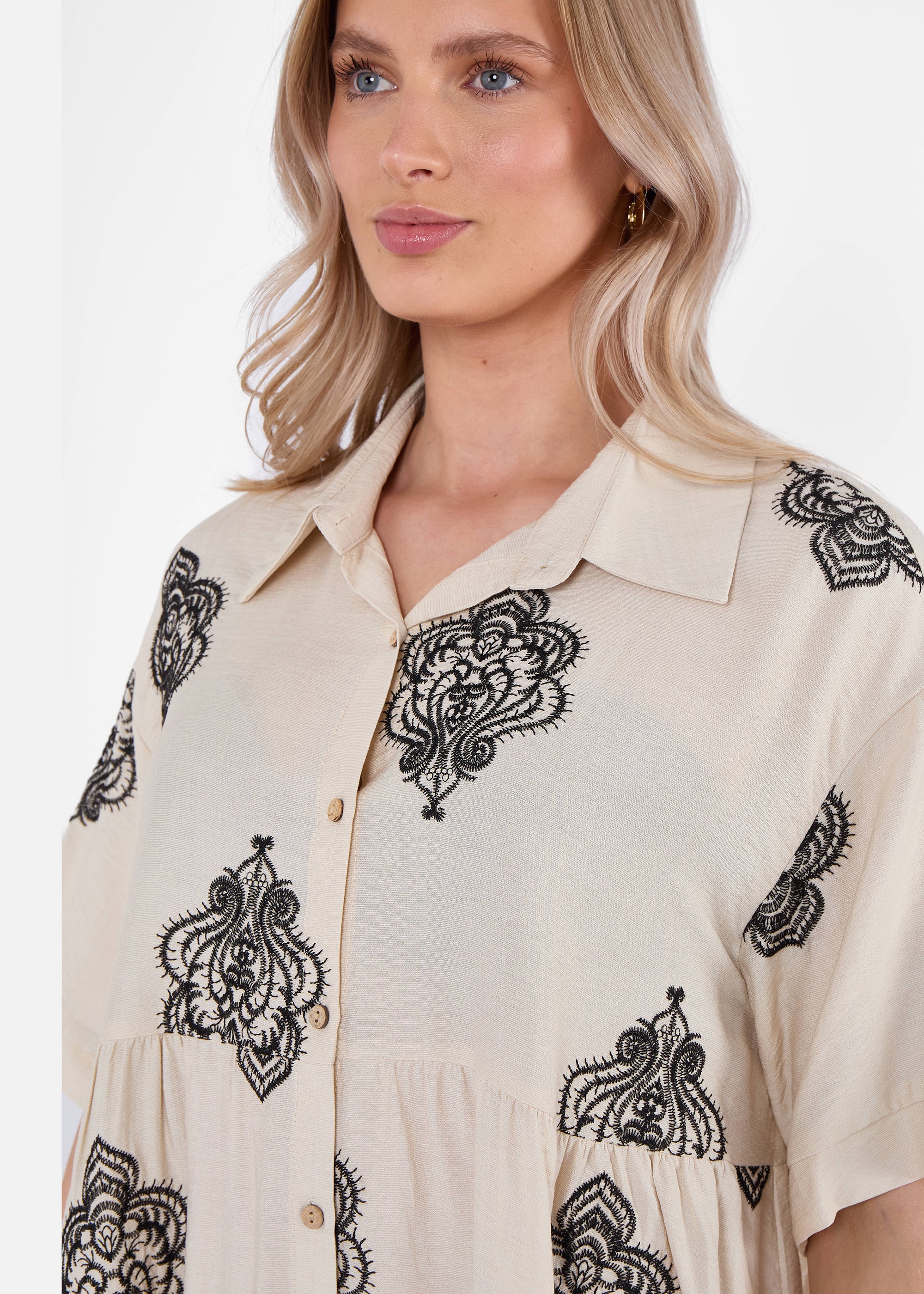 Beige Embroidery Smock Oversized Mini Shirt Dress