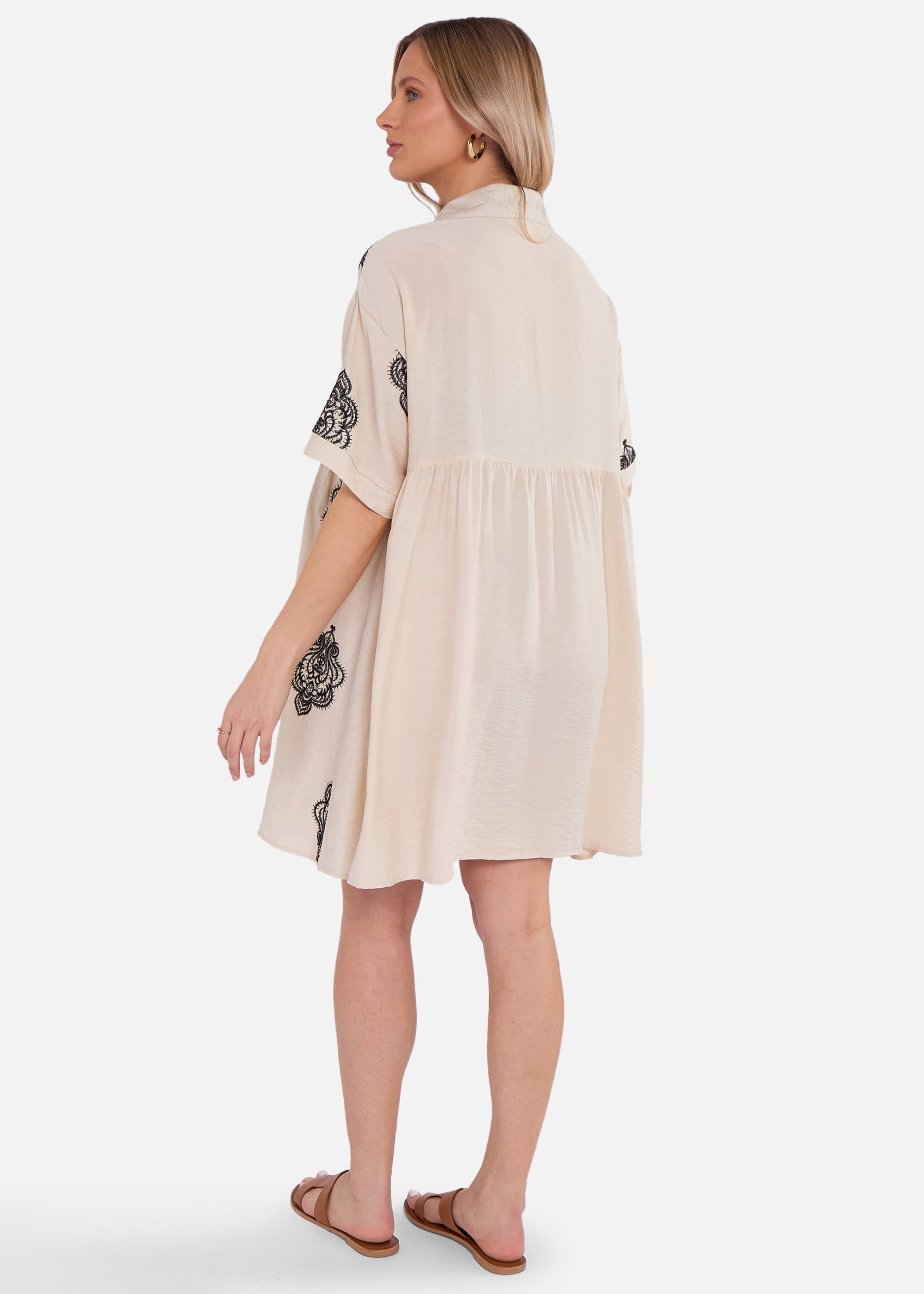 Beige Embroidery Smock Oversized Mini Shirt Dress
