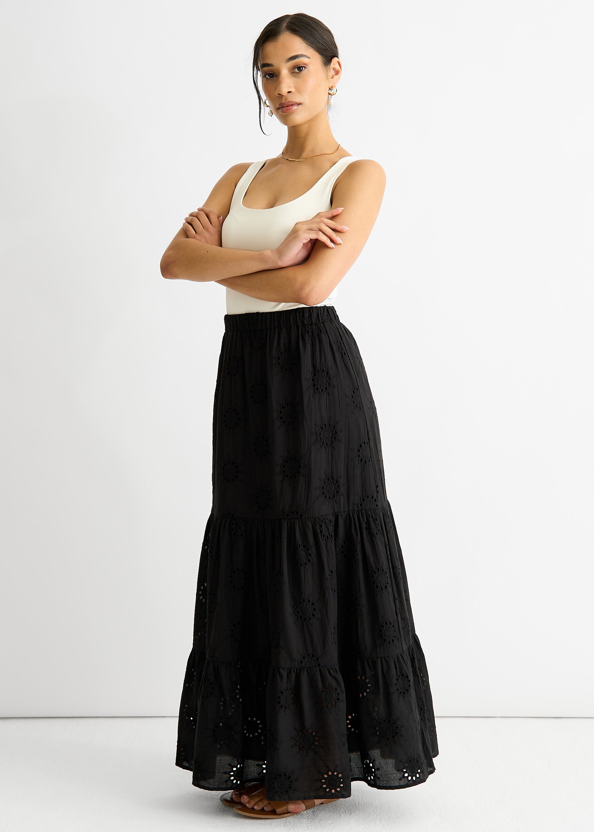 Black Tiered Lace Embroidered Long Skirt