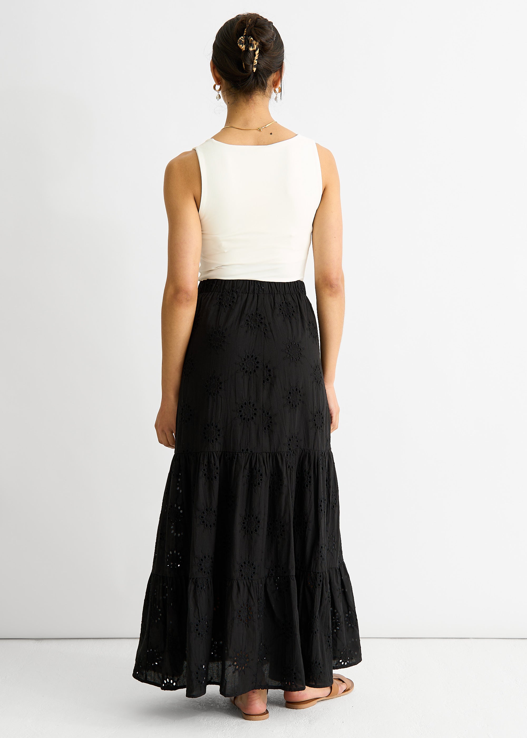 Black Tiered Lace Embroidered Long Skirt