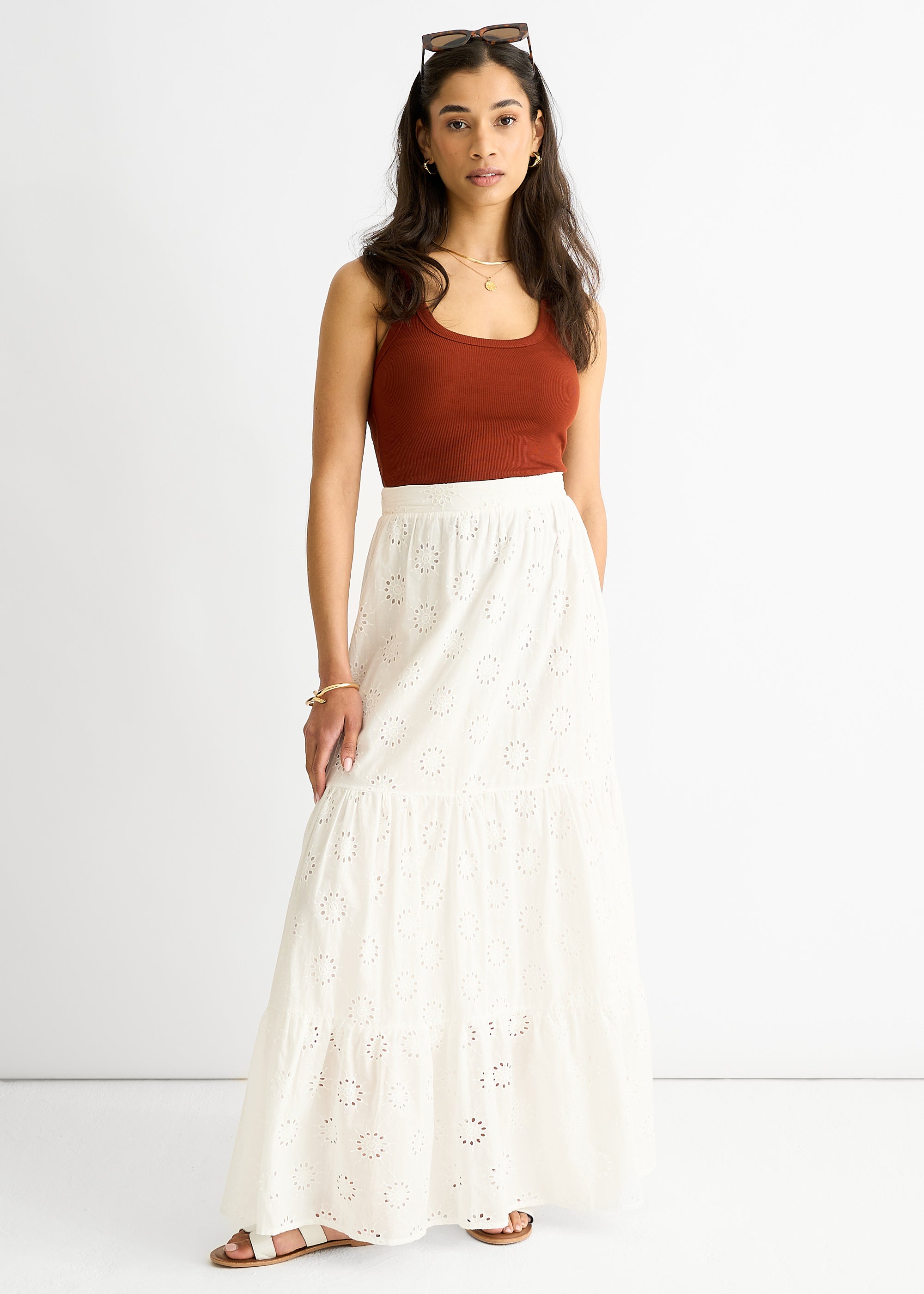 White Tiered Lace Embroidered Long Skirt