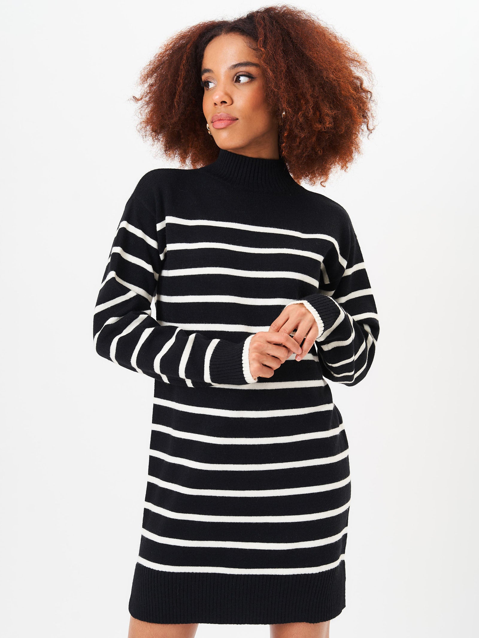 Black High Neck Stripe Oversized Tunic Dress
