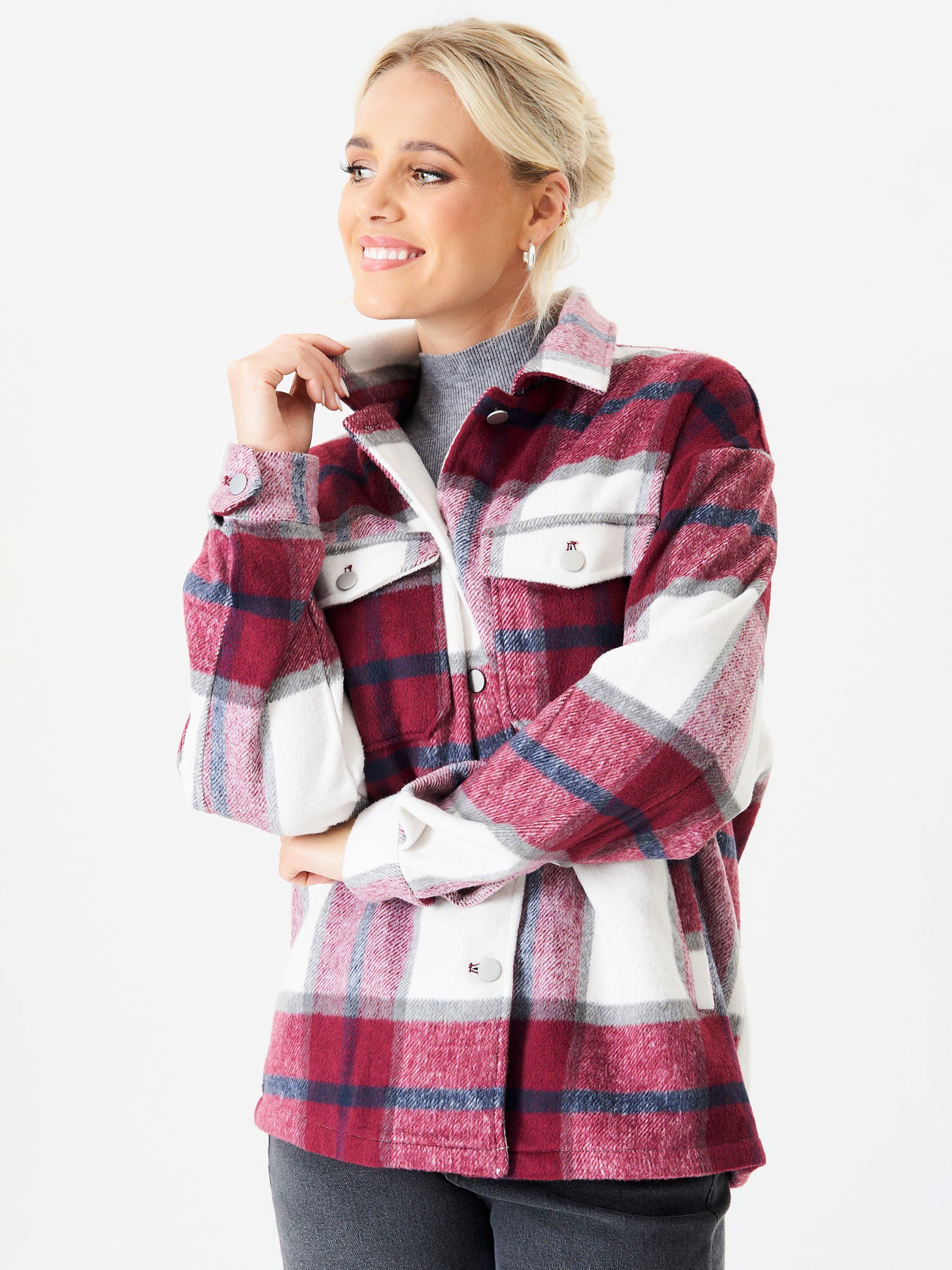Burgundy Check Oversized Pocket Detail Shacket
