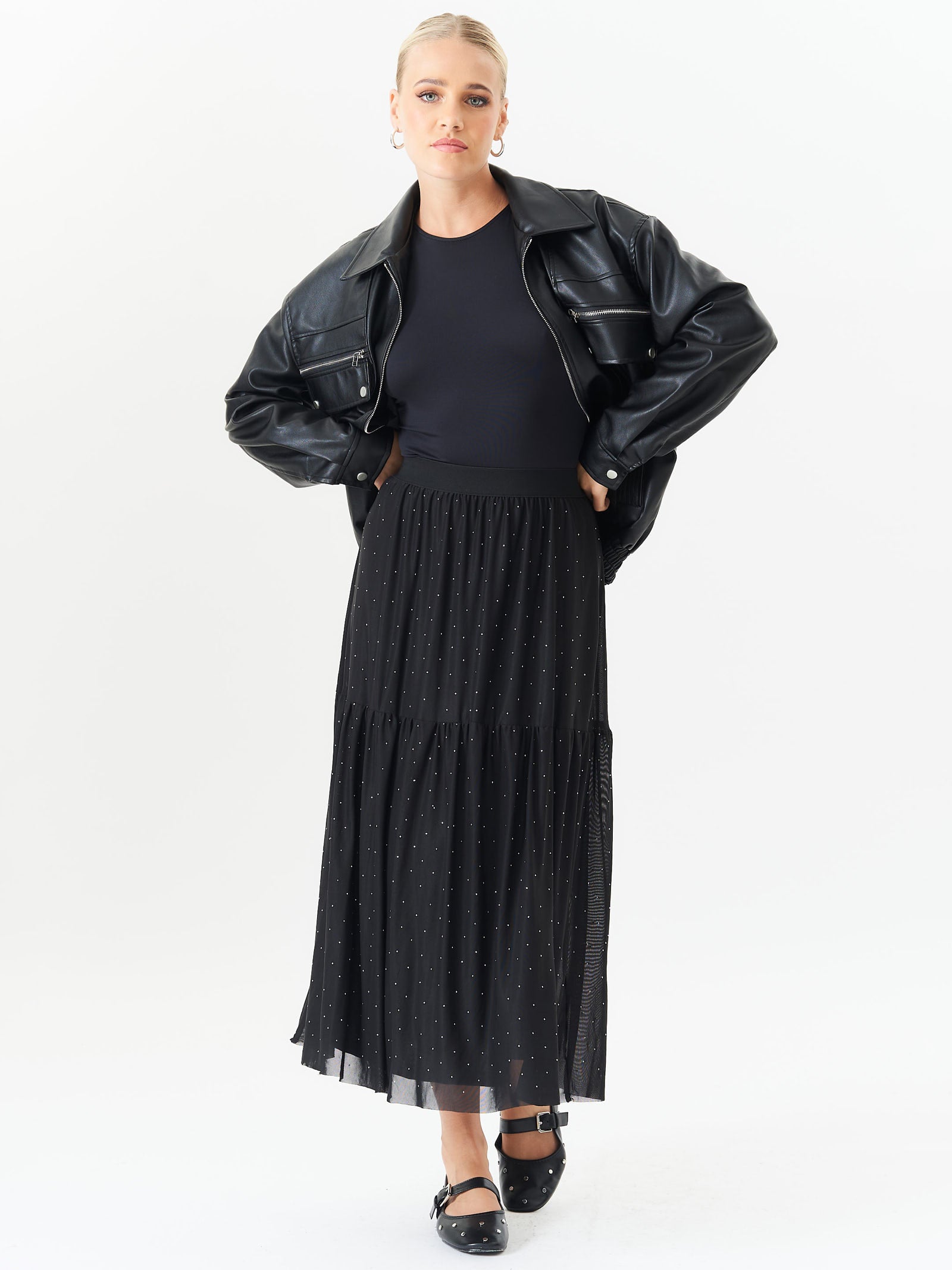 Black Diamante Mesh Maxi Skirt