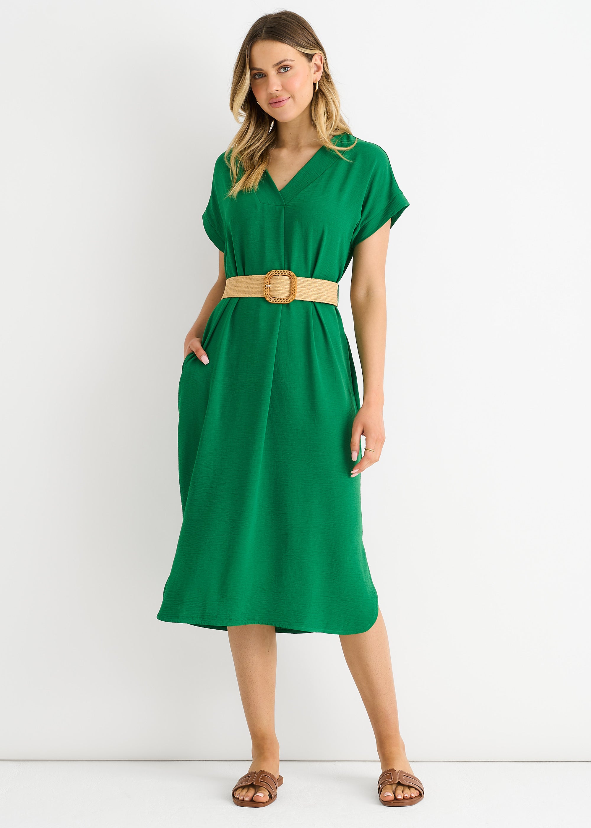 Green Air Flow Belted Oversized Dress