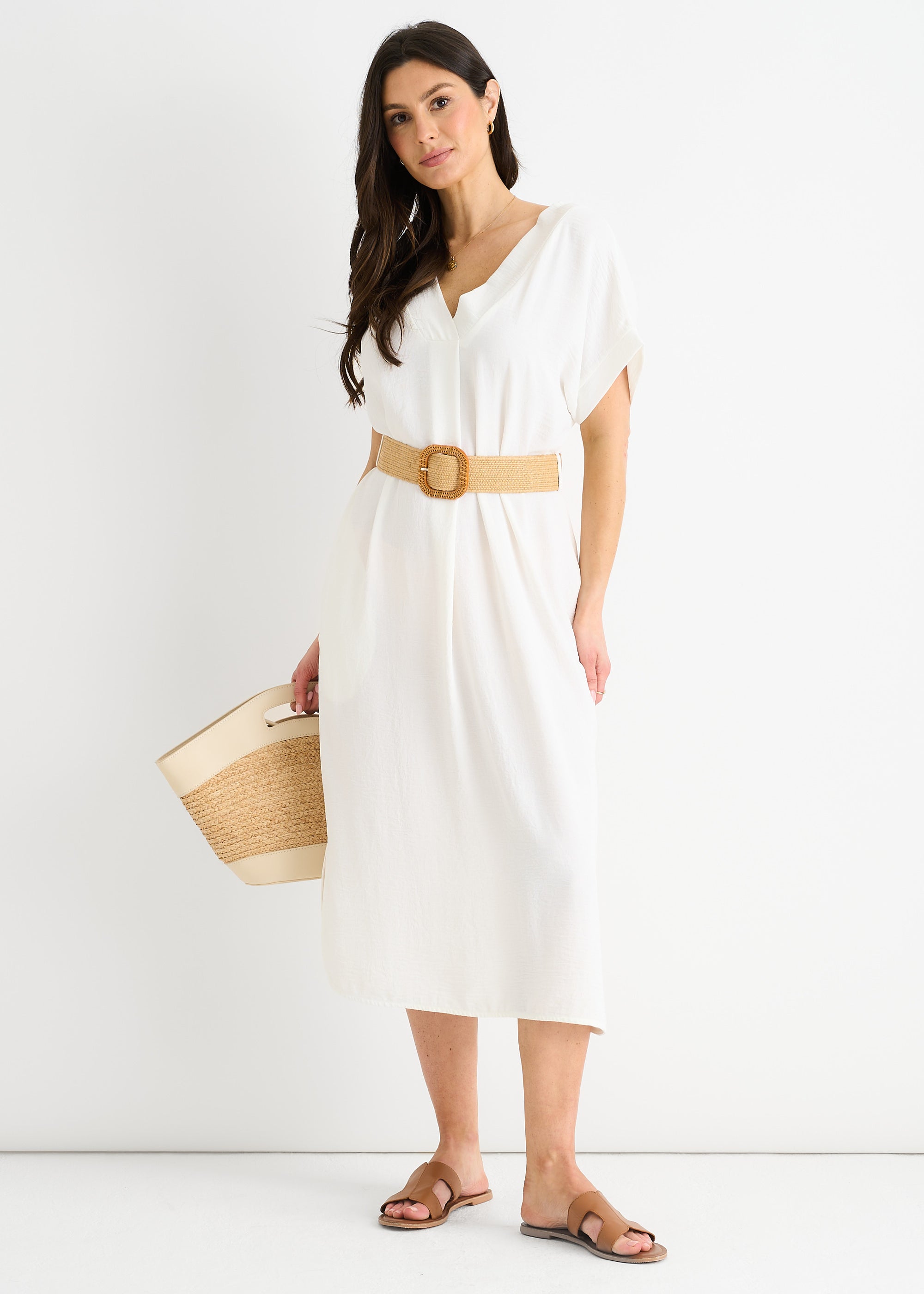 White Air Flow Belted Oversized Dress