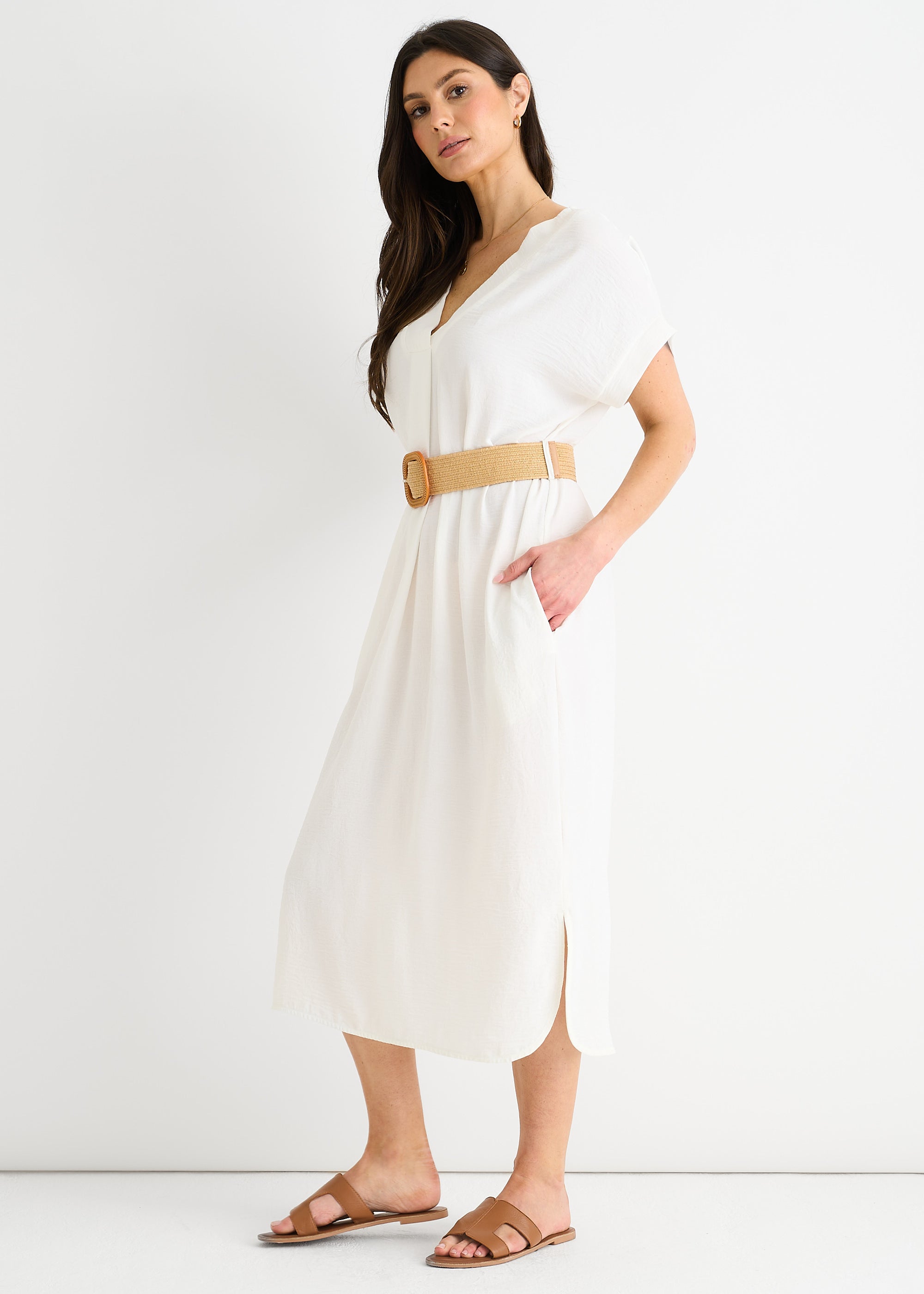 White Air Flow Belted Oversized Dress