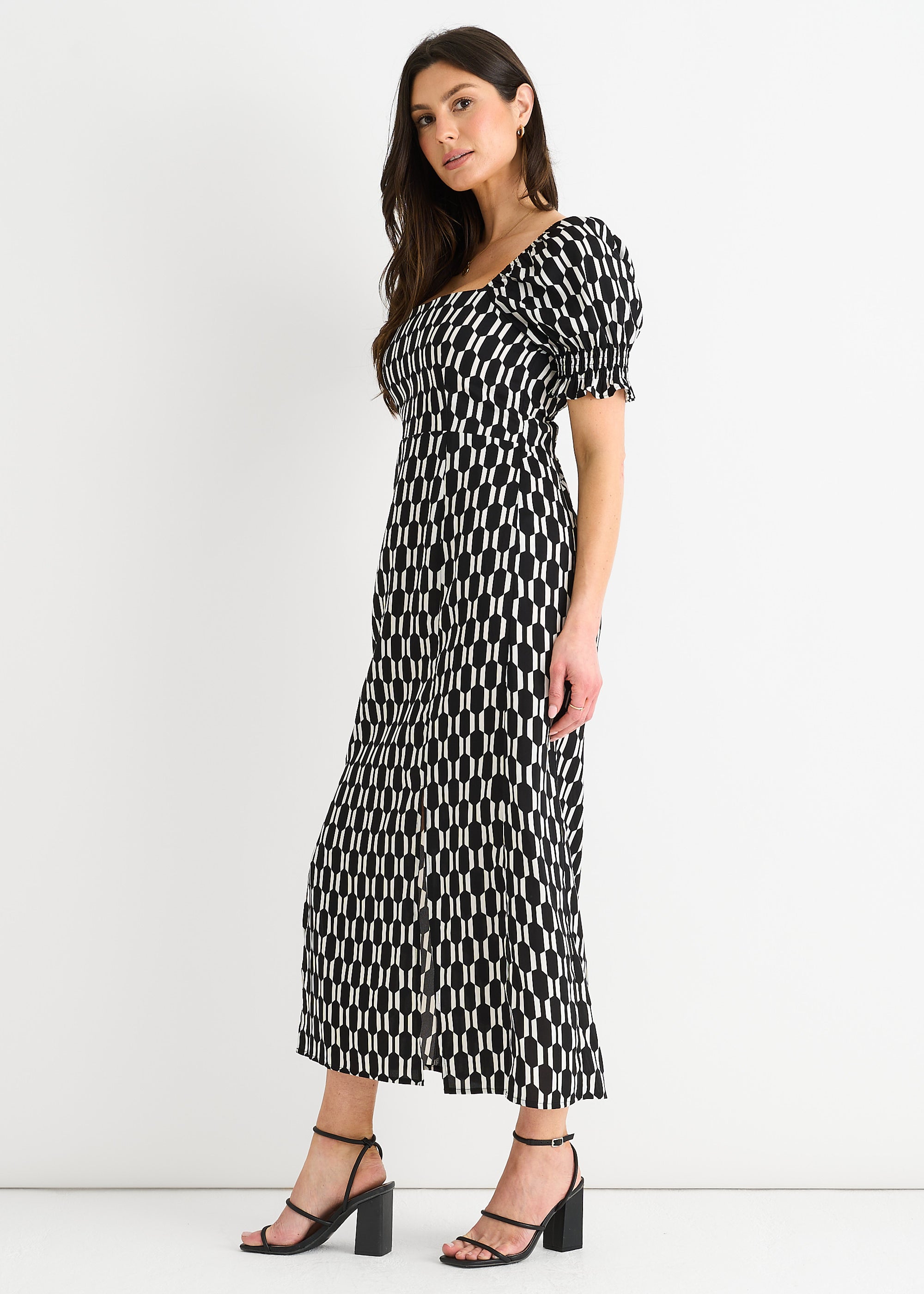 Black Geo Print Square Neck Midi Dress