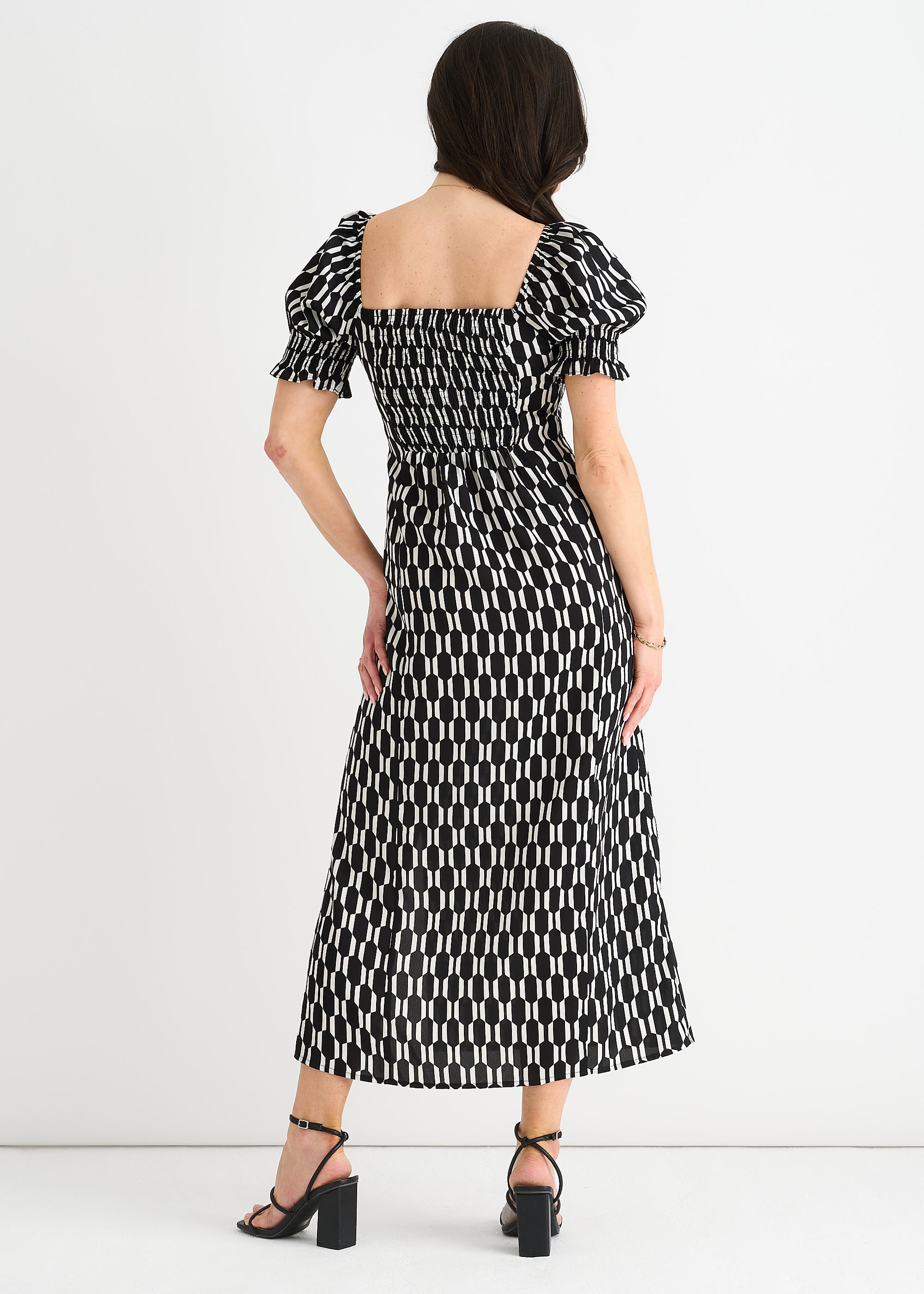 Black Geo Print Square Neck Midi Dress