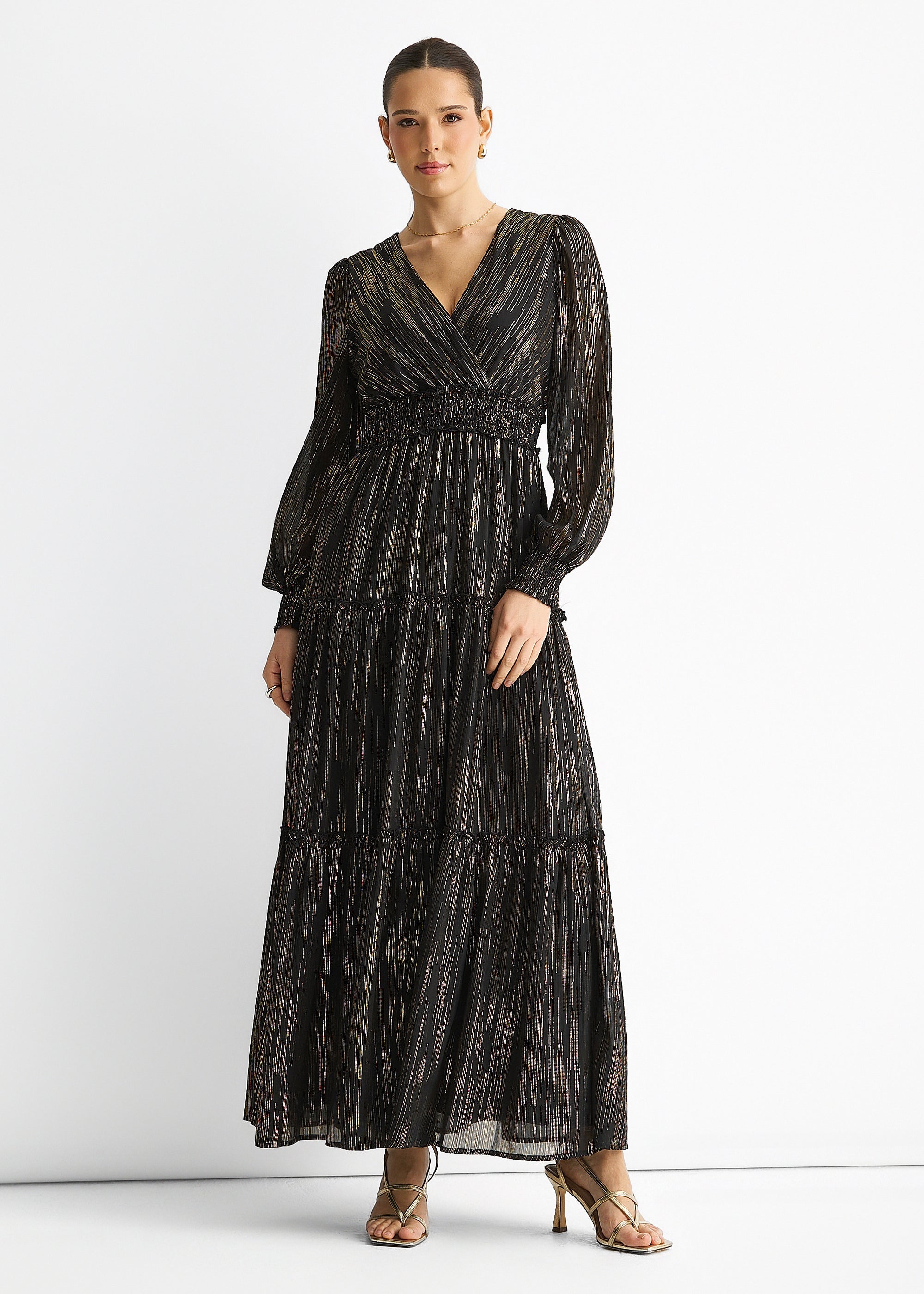 Black Lurex Chiffon Occassion Tiered Maxi Dress