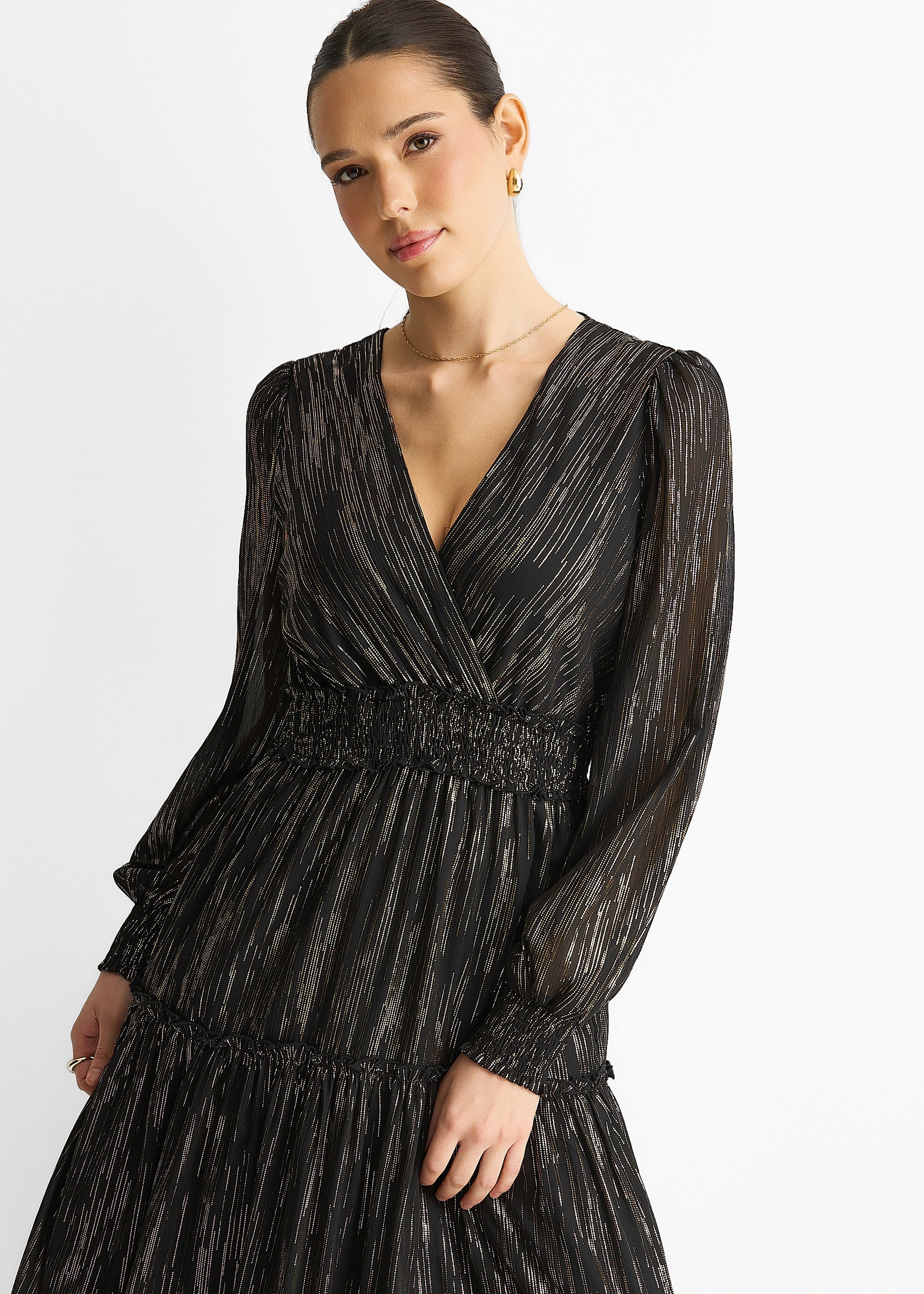 Black Lurex Chiffon Occassion Tiered Maxi Dress