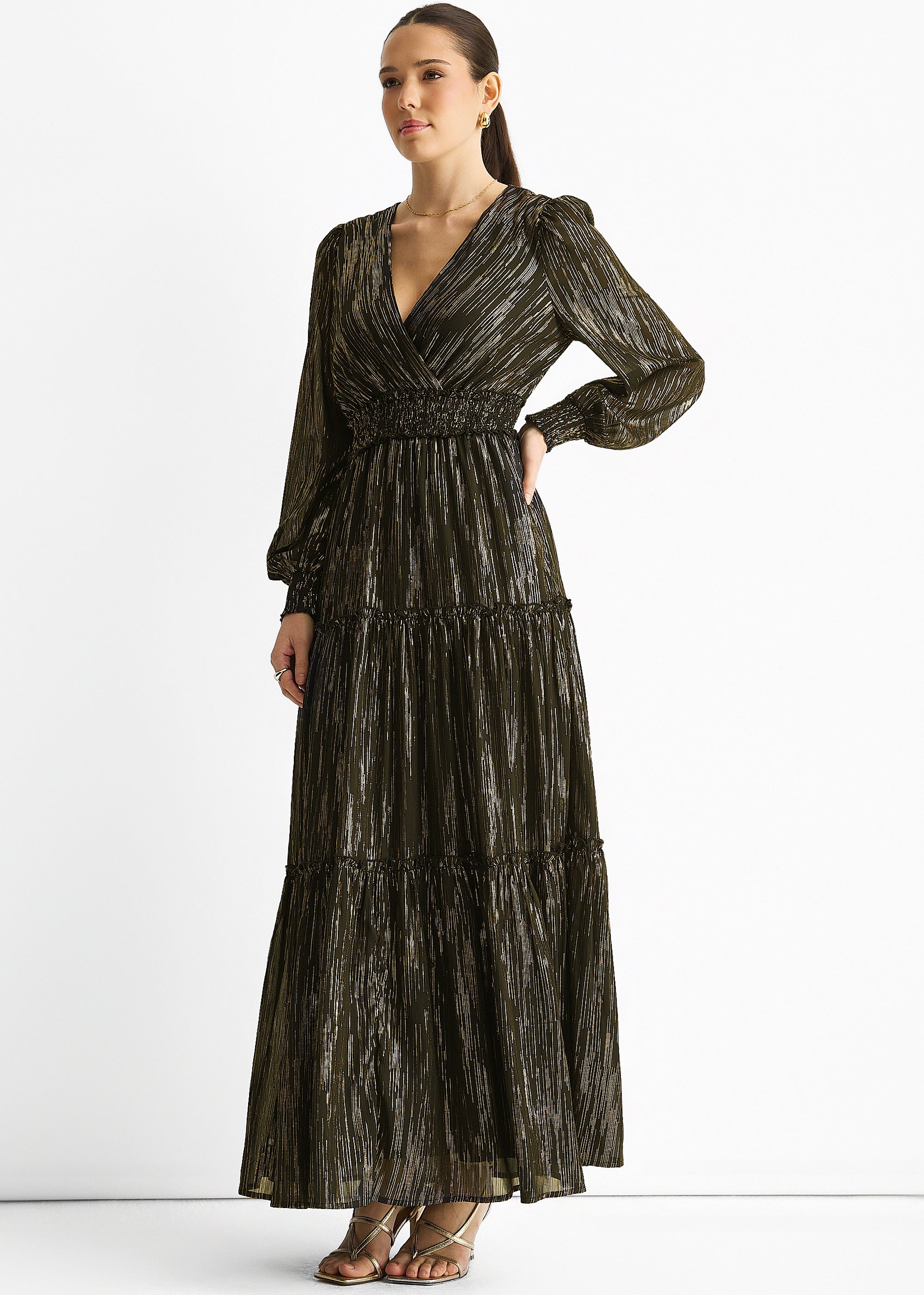 Black Lurex Chiffon Occassion Tiered Maxi Dress
