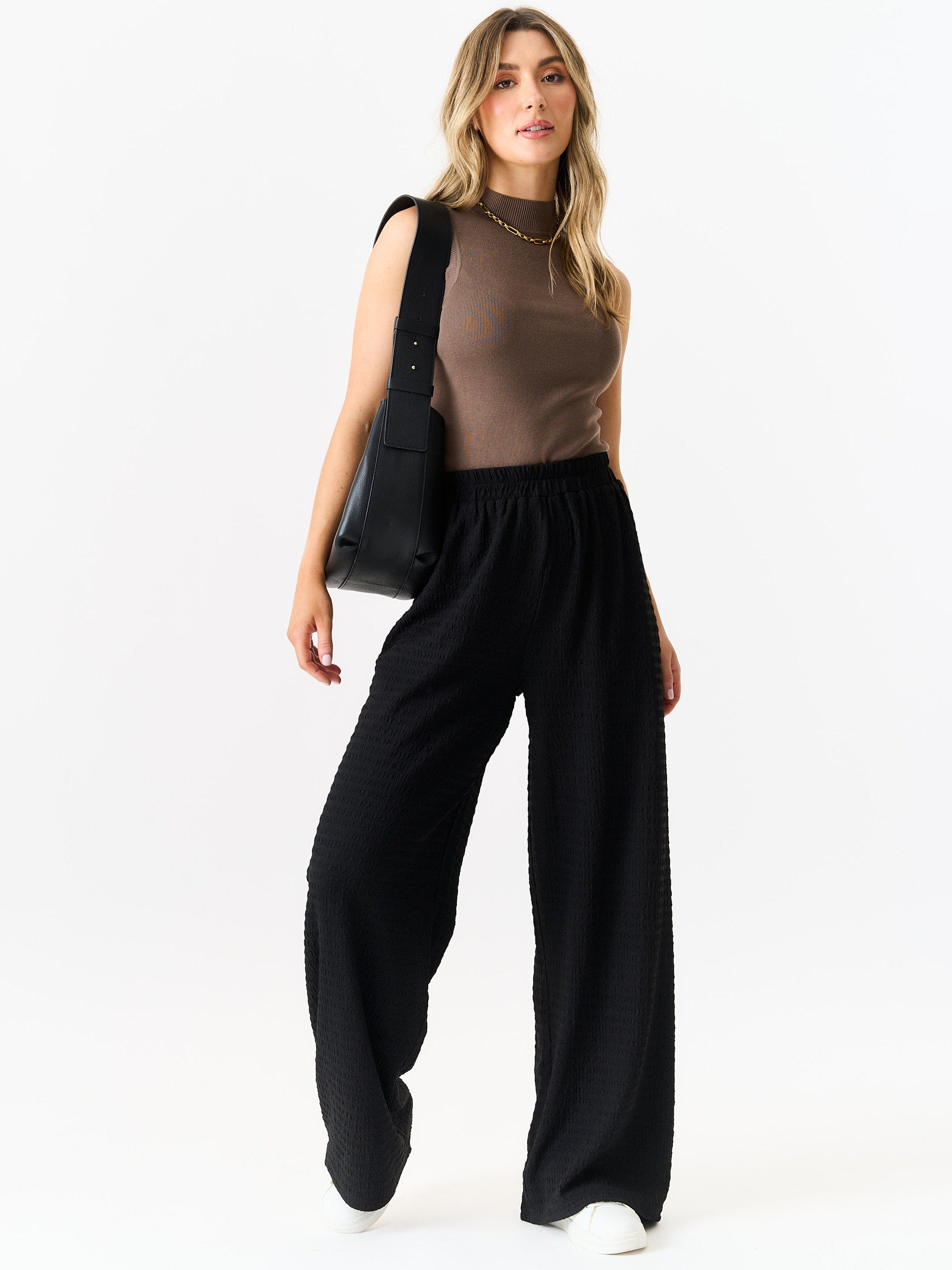 Black Textured Elastic Waist Pull On Trousers