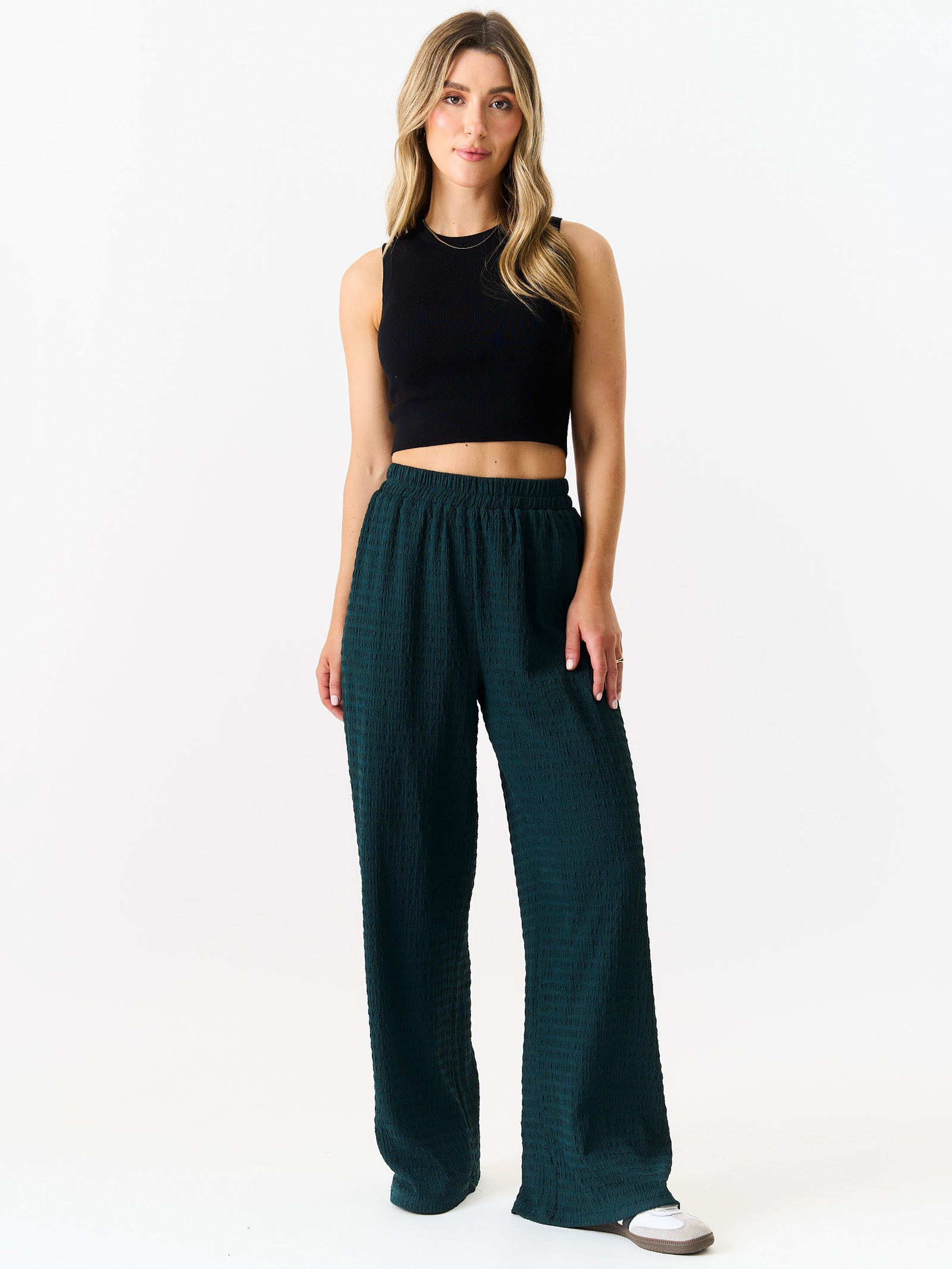 Bottle Green Textured Elastic Waist Pull On Trousers