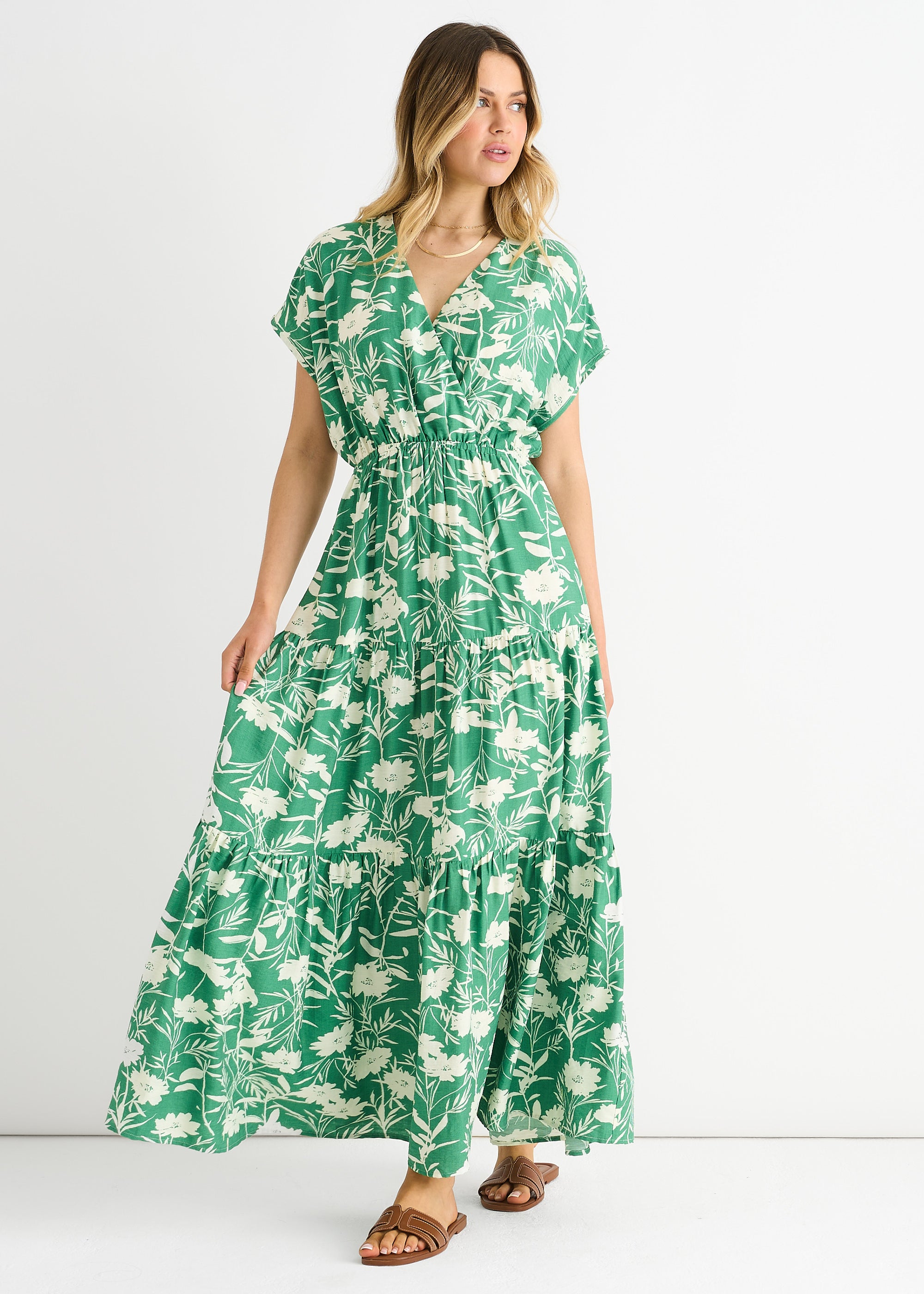 Green Floral Elastic Waist Maxi Dress