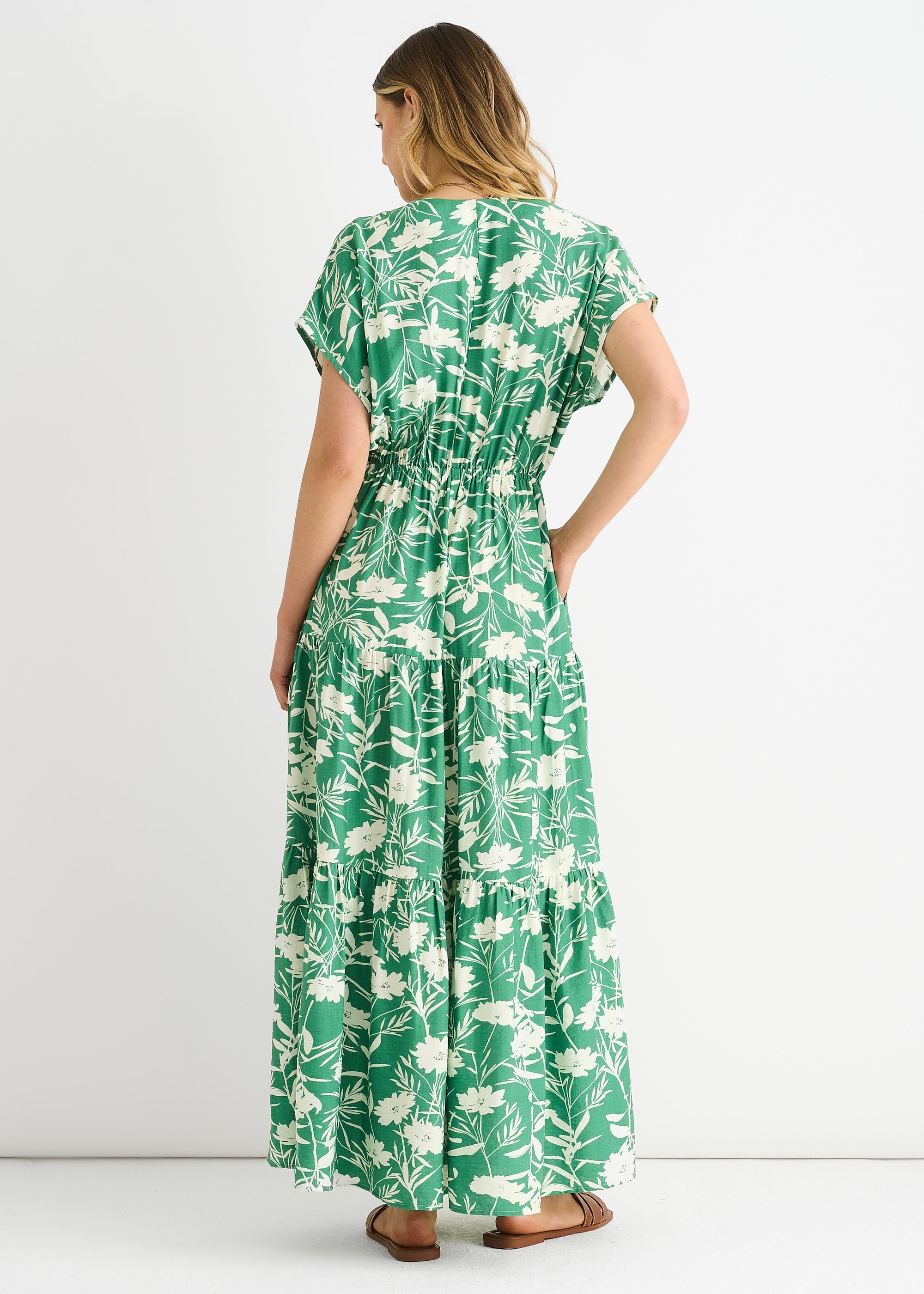 Green Floral Elastic Waist Maxi Dress