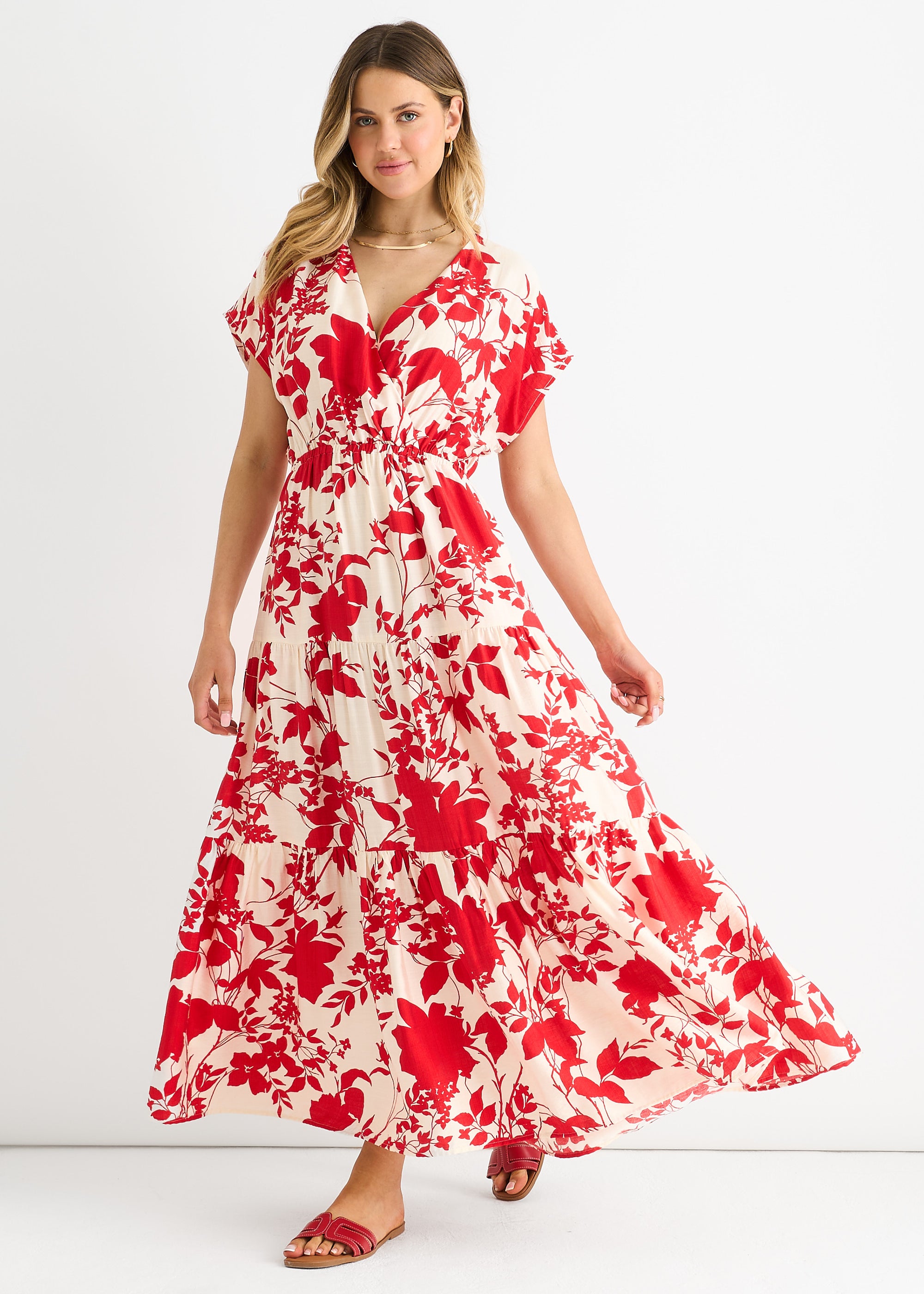 Red Floral Elastic Waist Maxi Dress