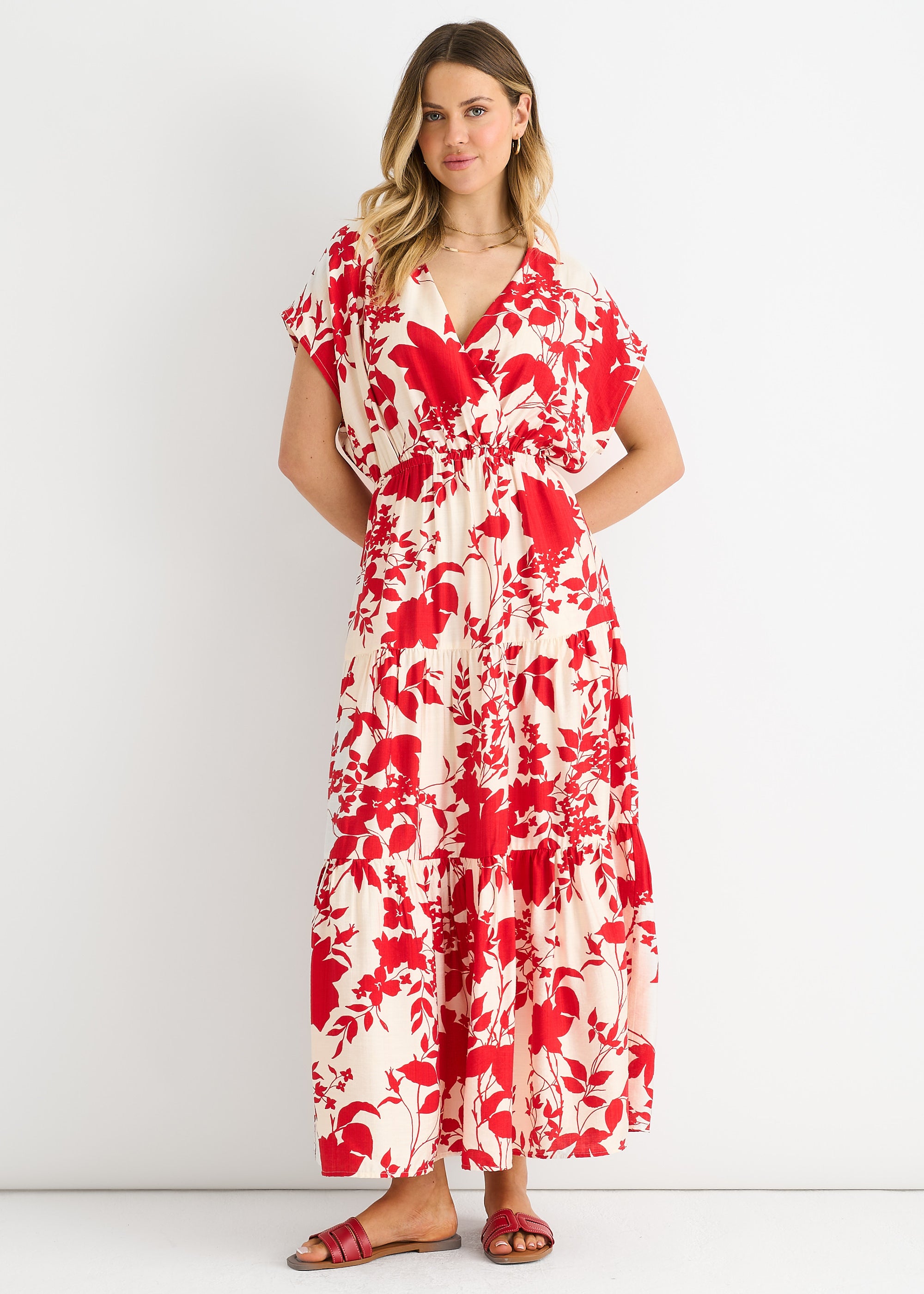 Red Floral Elastic Waist Maxi Dress