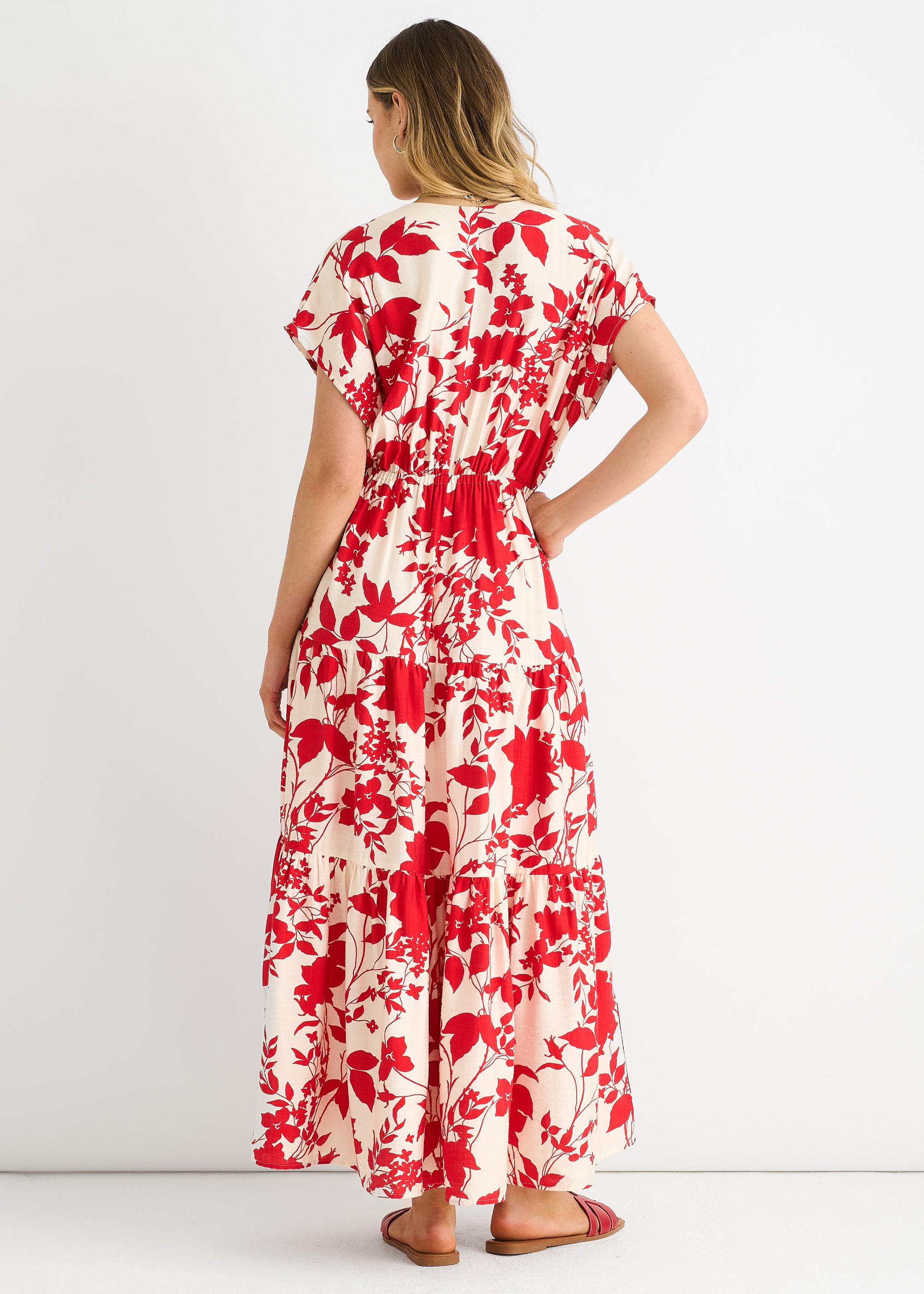 Red Floral Elastic Waist Maxi Dress