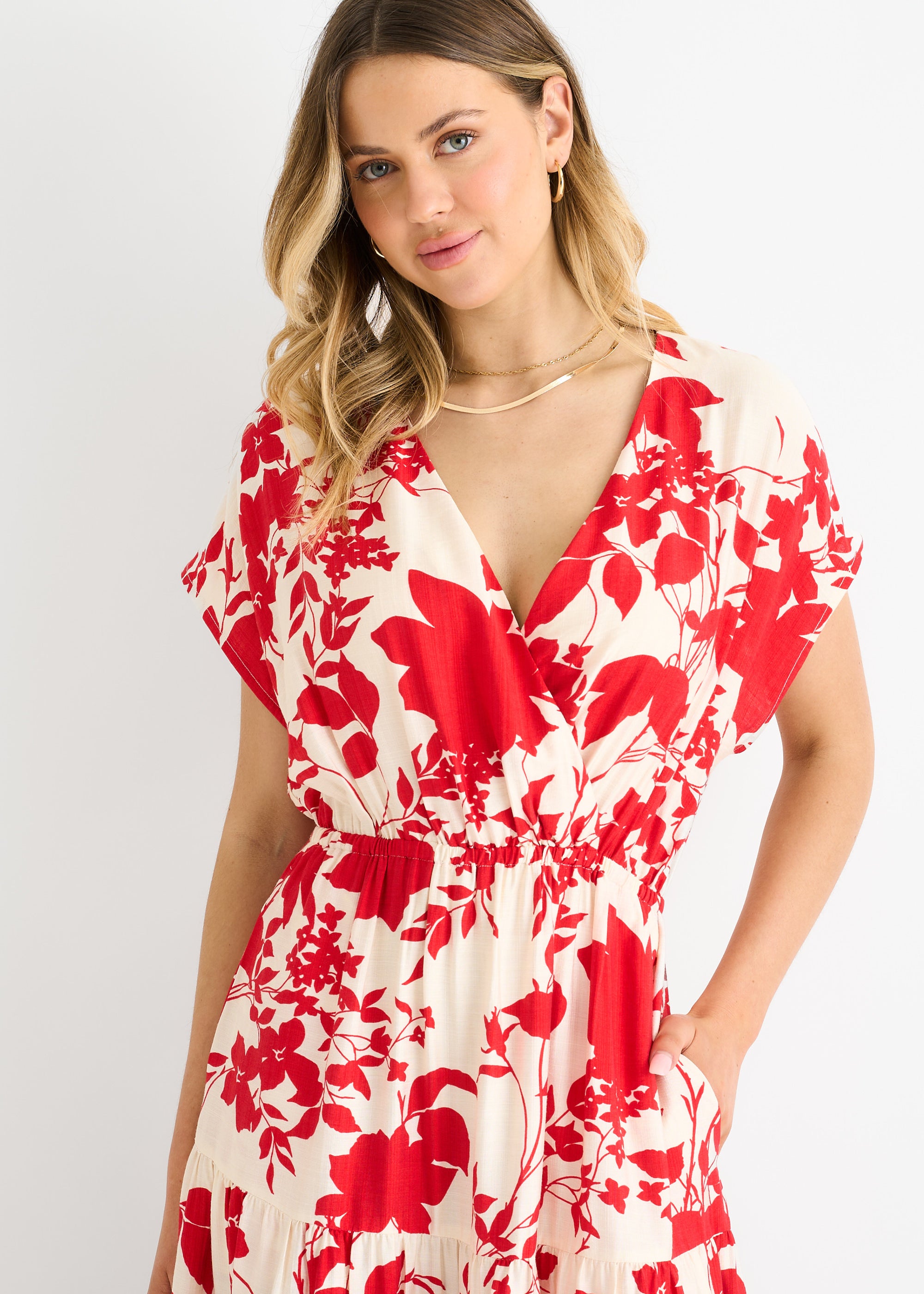 Red Floral Elastic Waist Maxi Dress