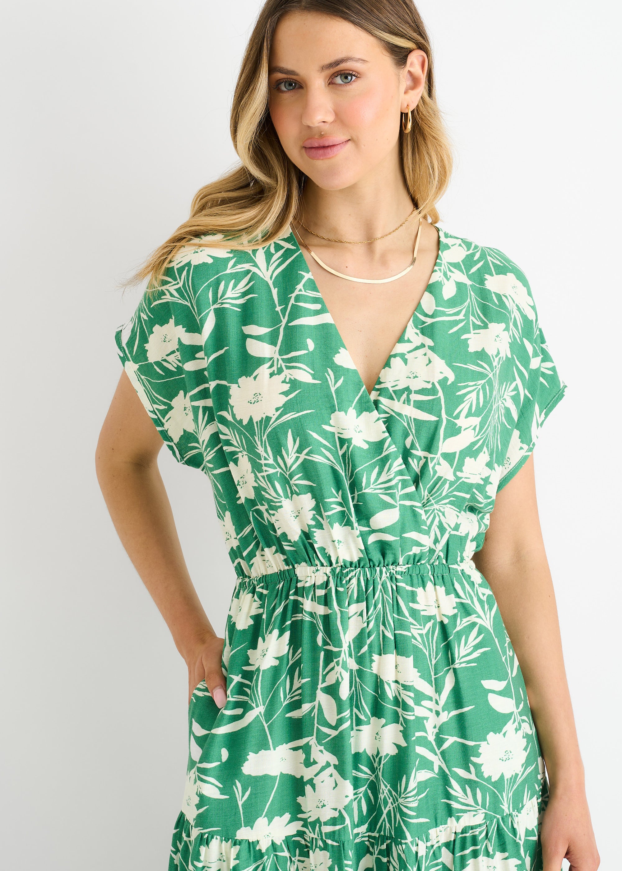 Green Floral Elastic Waist Maxi Dress