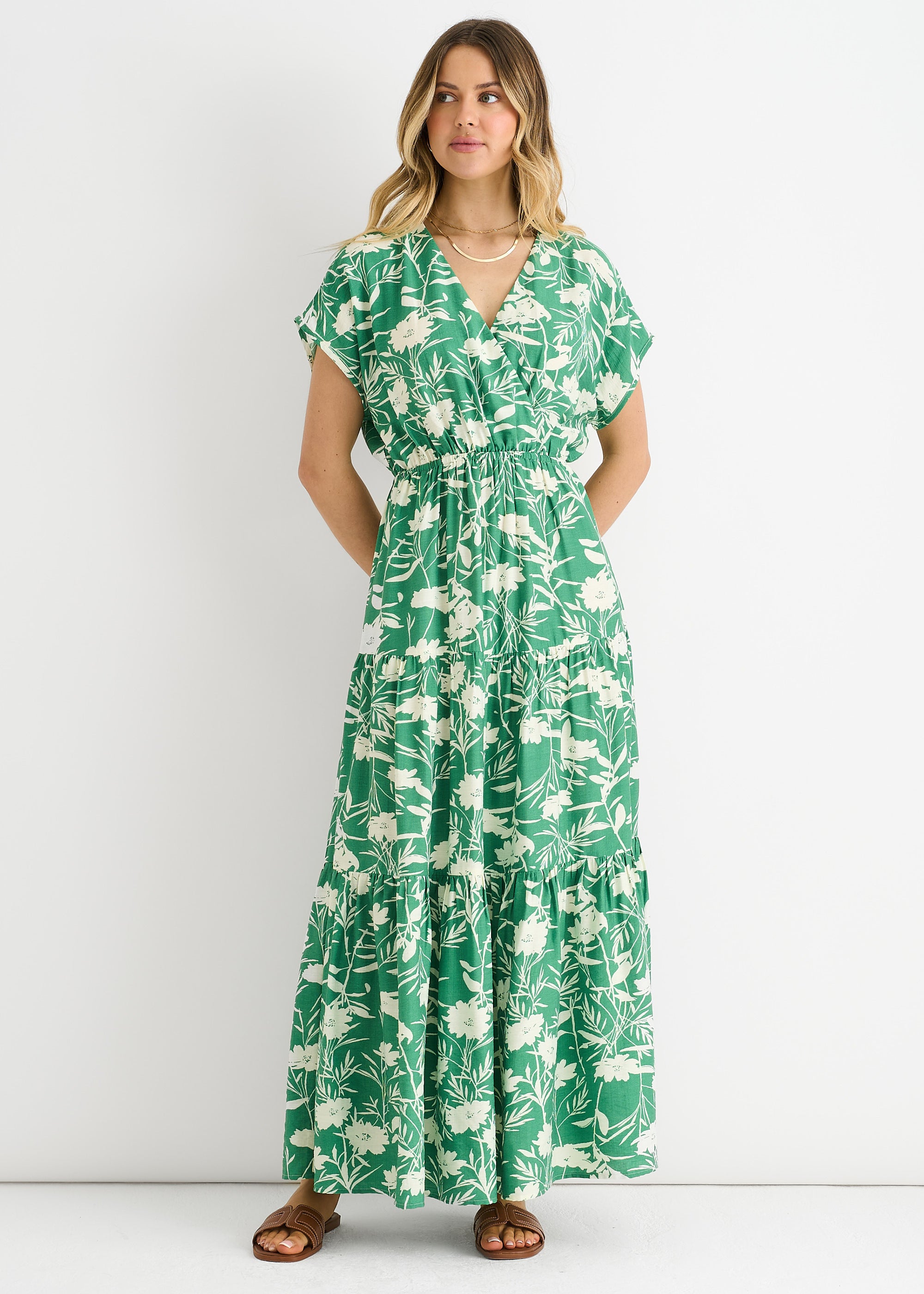 Green Floral Elastic Waist Maxi Dress