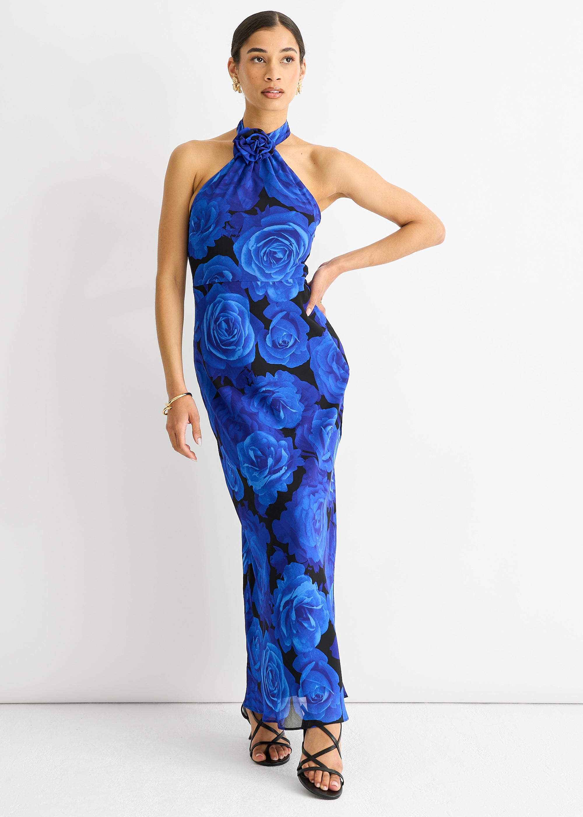 Blue Floral Occasion Halter Maxi Dress