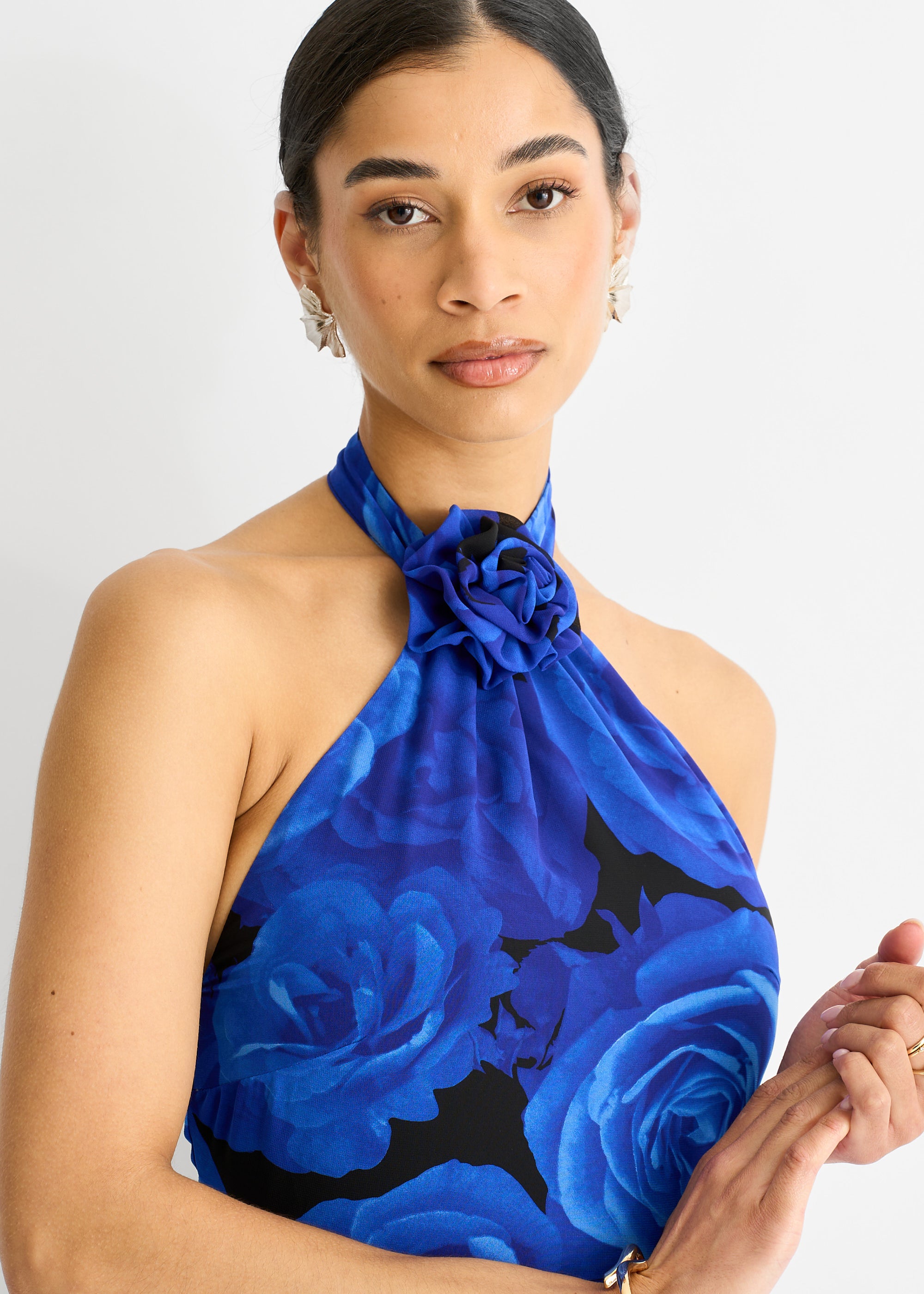 Blue Floral Occasion Halter Maxi Dress