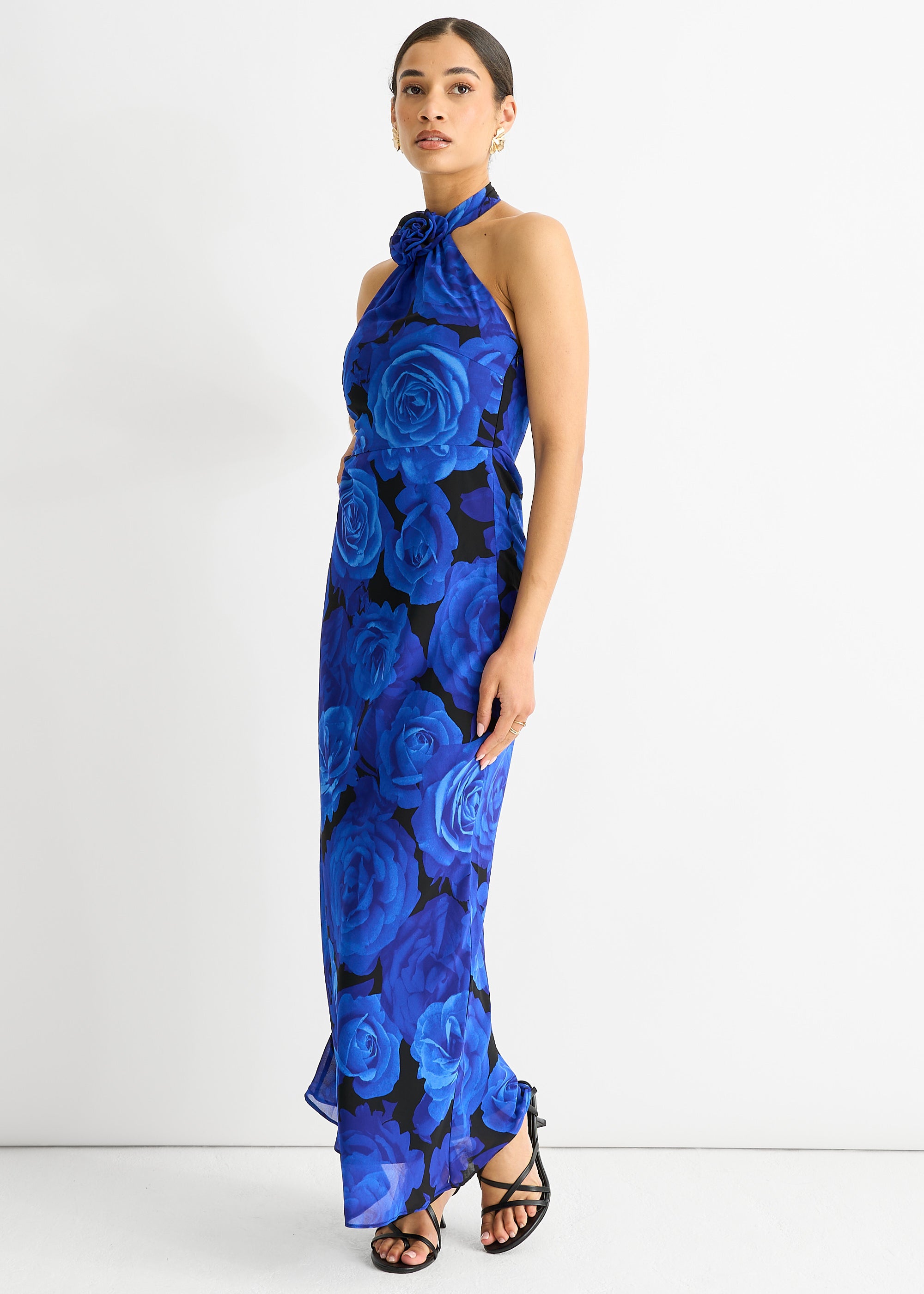 Blue Floral Occasion Halter Maxi Dress